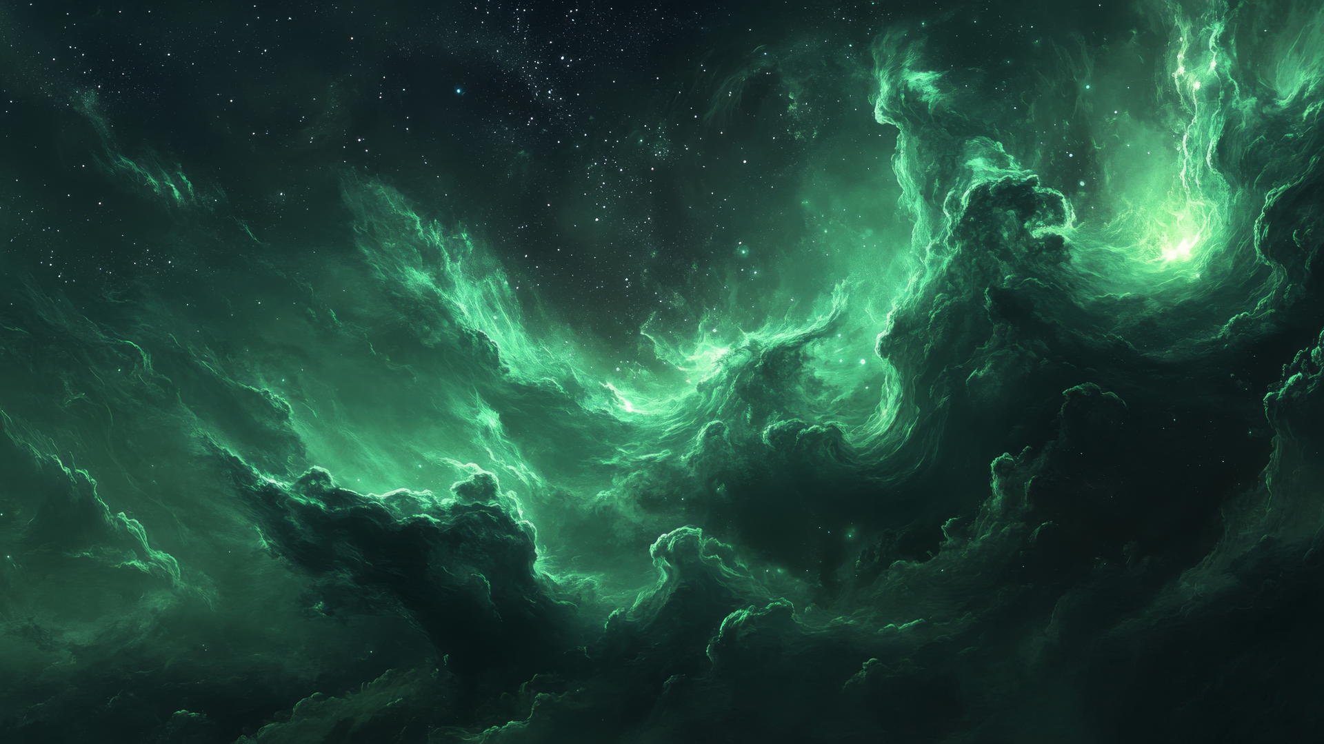 dreamy emerald green wallpaper with abstract night sky, swirling emerald clouds, and scattered stars