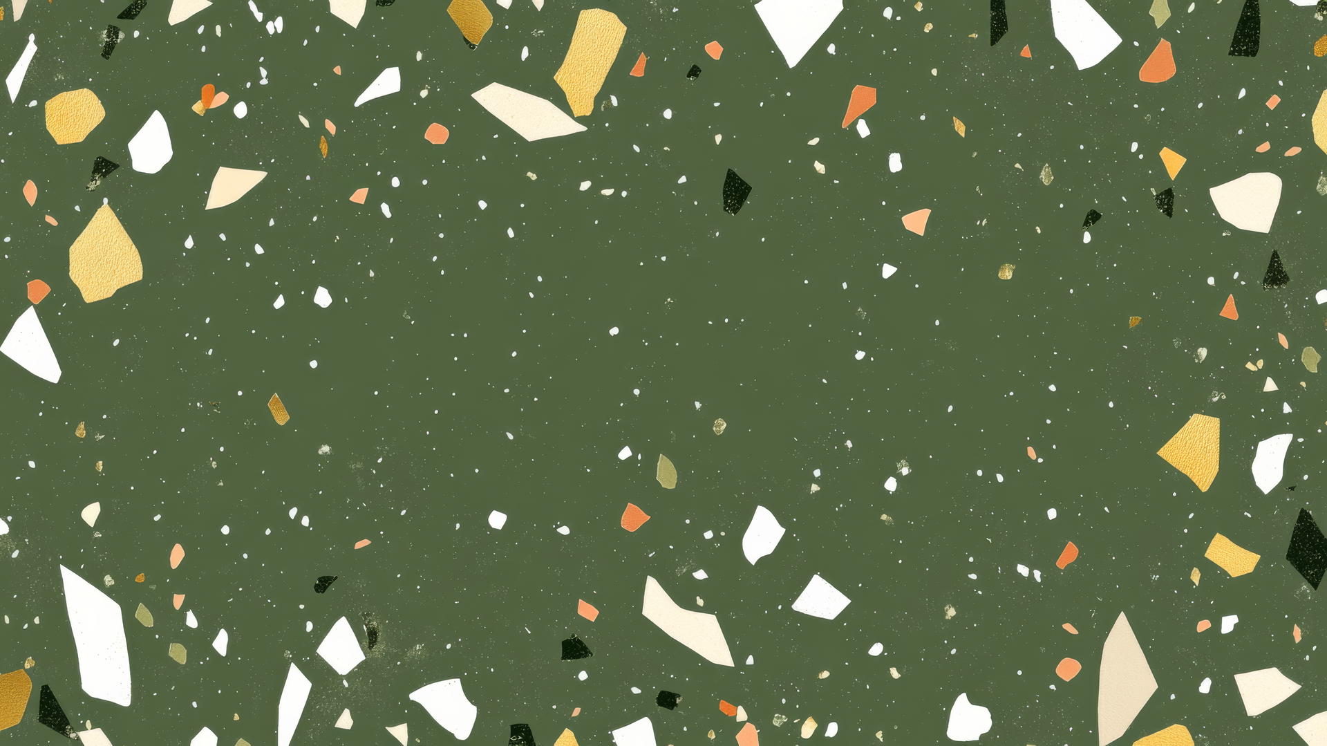 Olive green wallpaper with terrazzo pattern in white, terracotta, and gold.
