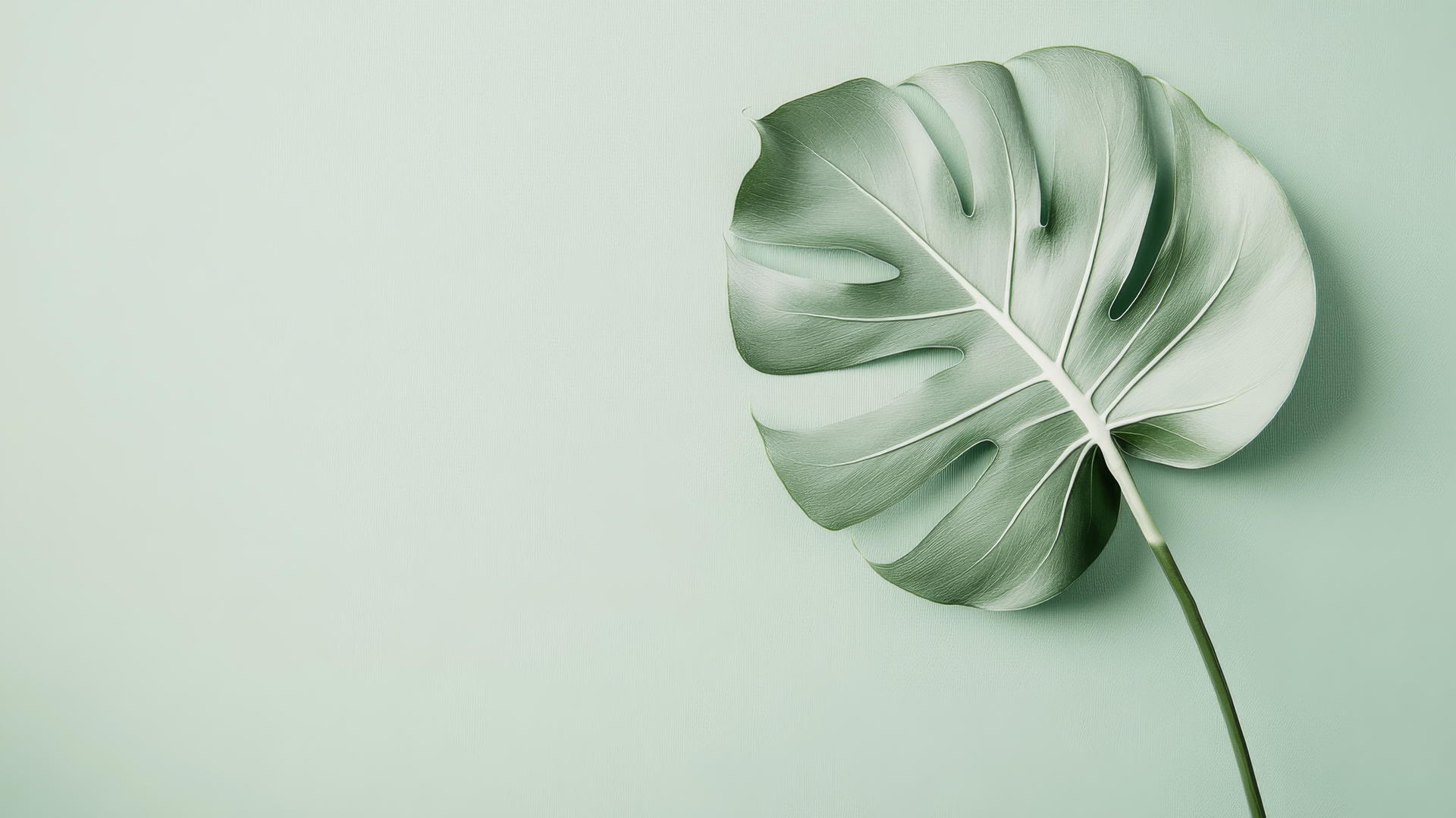 aesthetic green wallpaper with a white-outlined monstera leaf