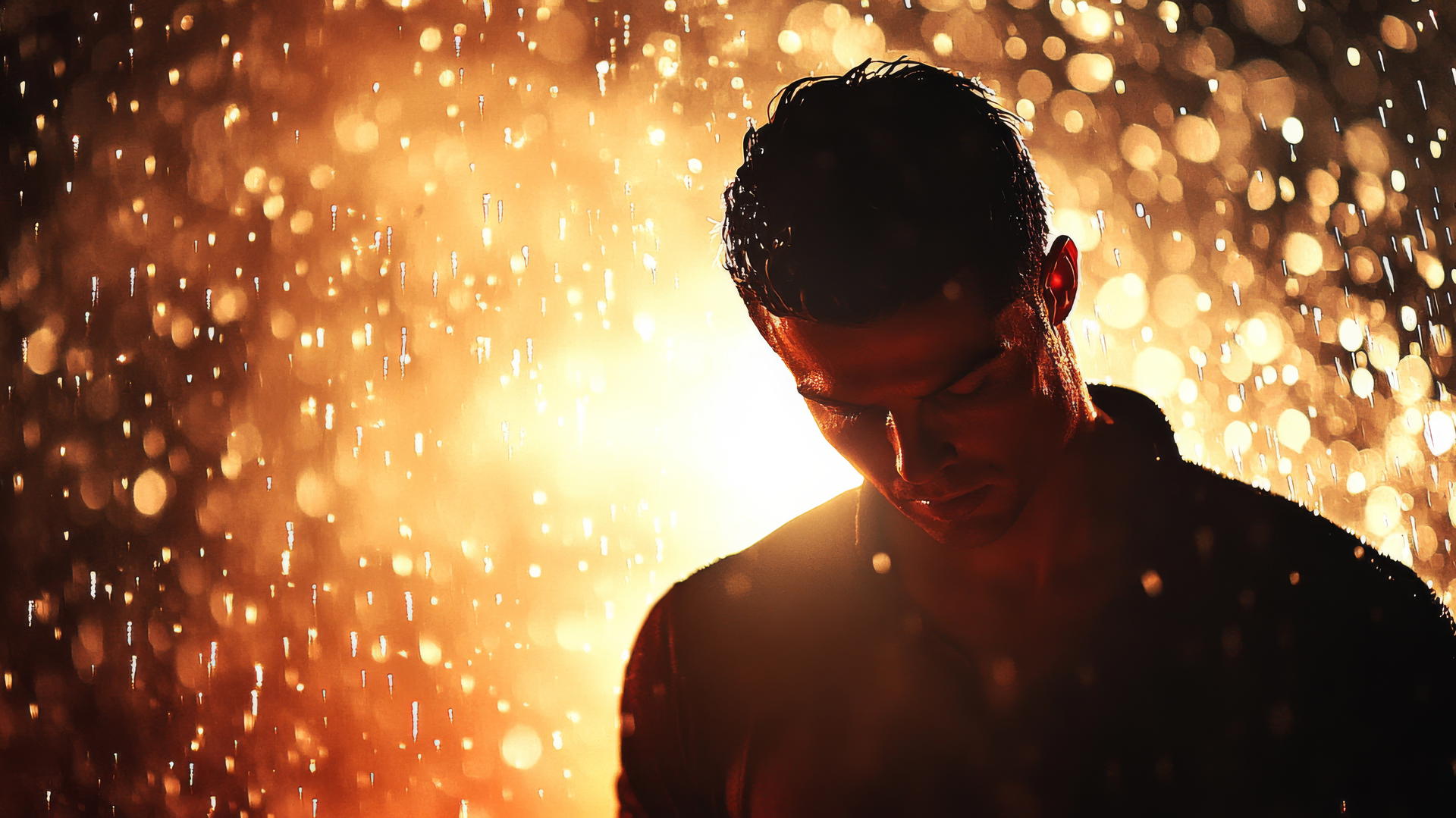 Wallpaper Ronaldo standing in the rain with droplets frozen mid-air, backlit by light.