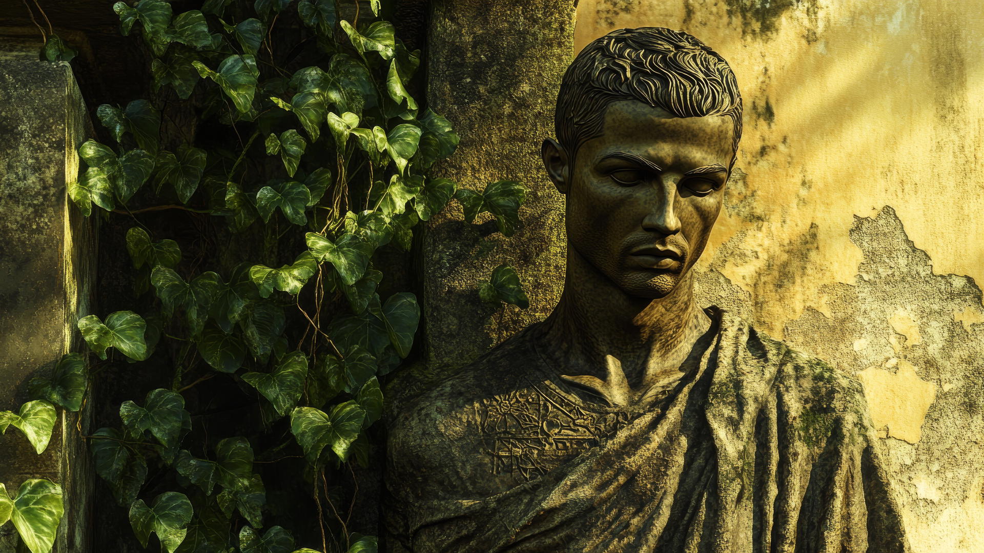Wallpaper Ronaldo depicted as a statue in ancient temple with vines