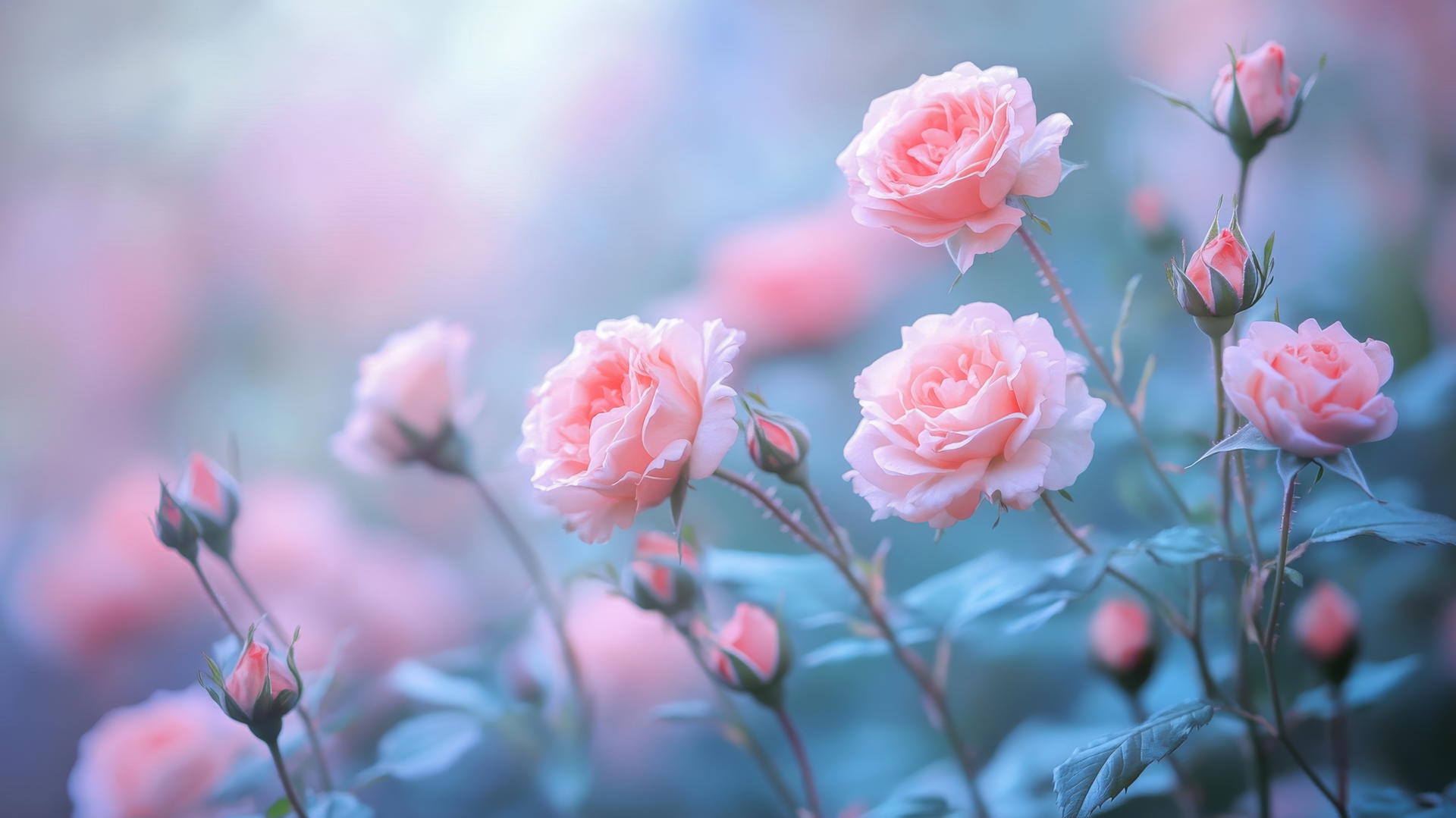 Flower nature wallpaper with pastel-colored roses in dreamy garden