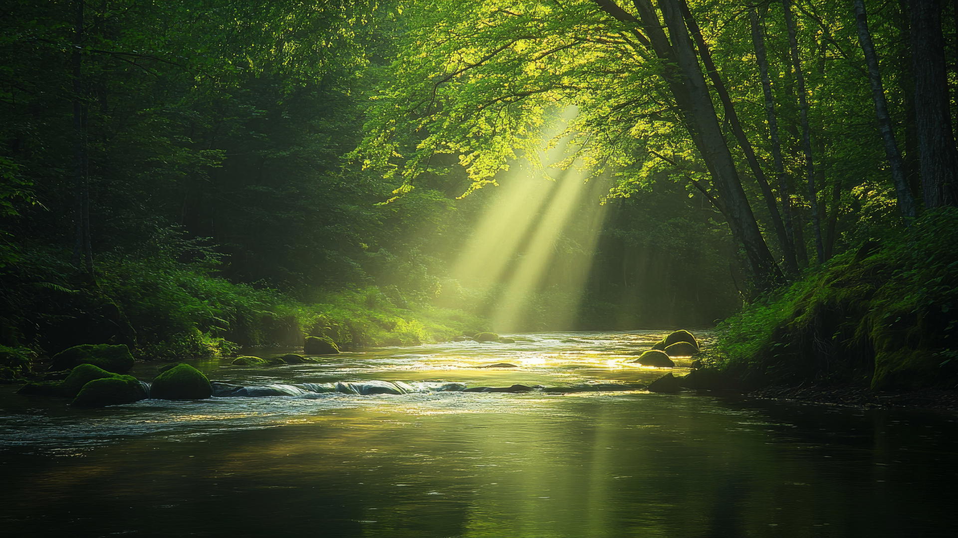 Nature aesthetic wallpaper with a peaceful river in a dense forest and sunlight reflecting off the water