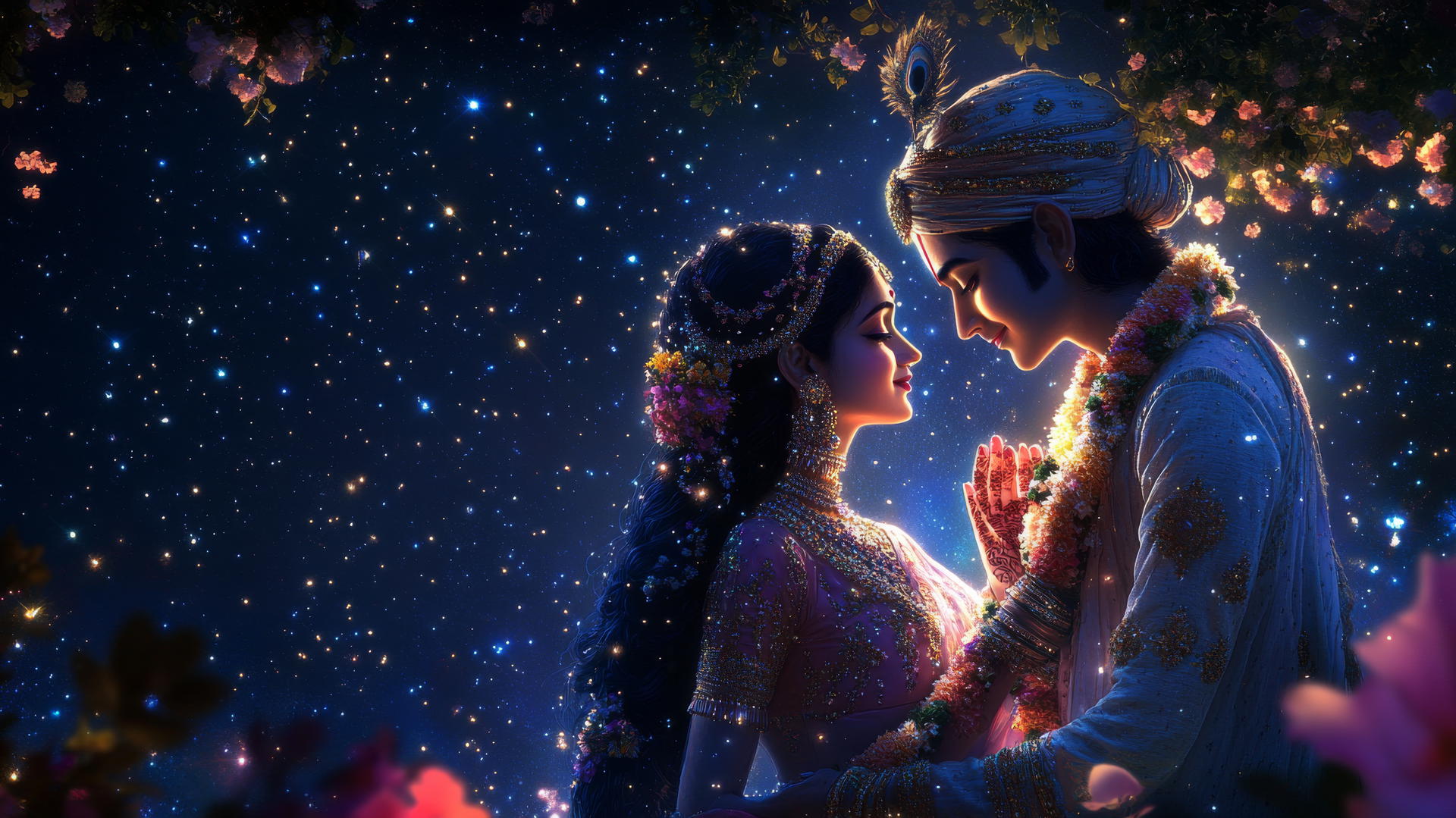 Radha Krishna HD wallpaper with moonlit canopy, intricate attire, and divine love