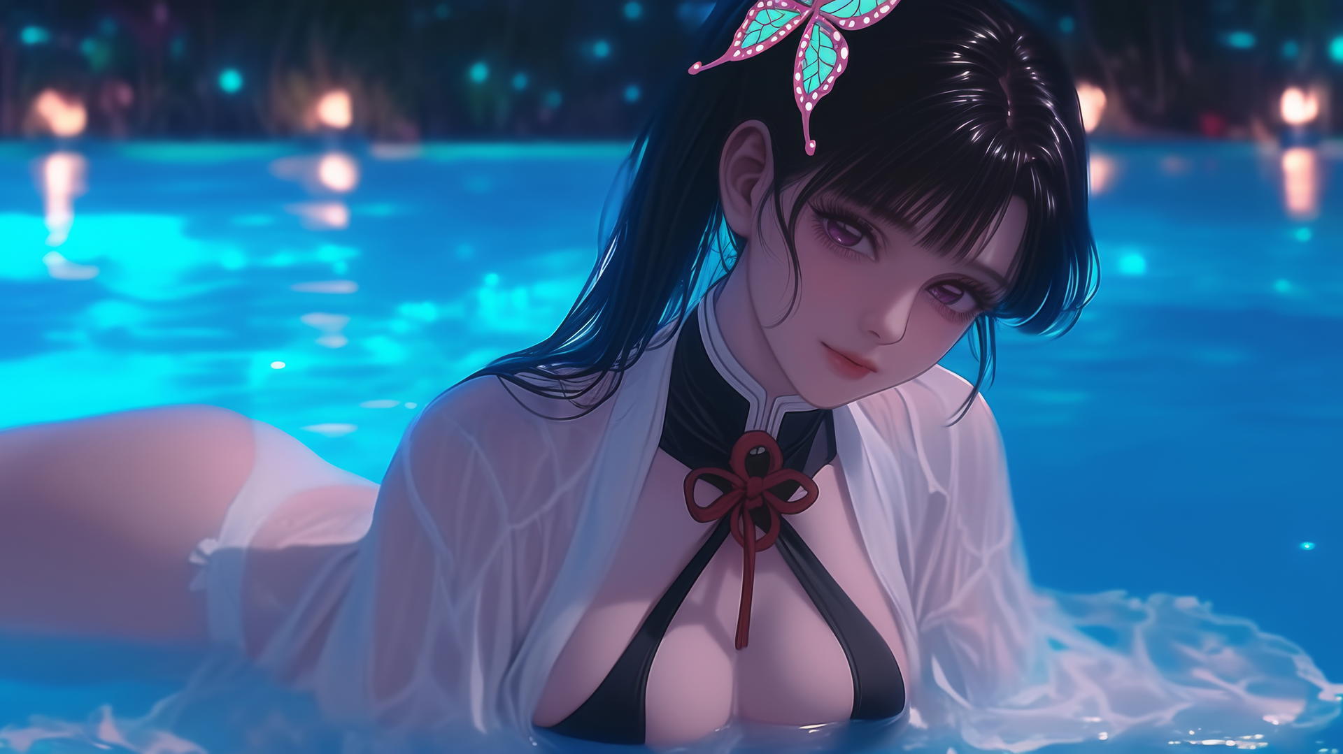 Kanao Tsuyuri resting by a swimming pool under moonlight with butterfly hair ornament
