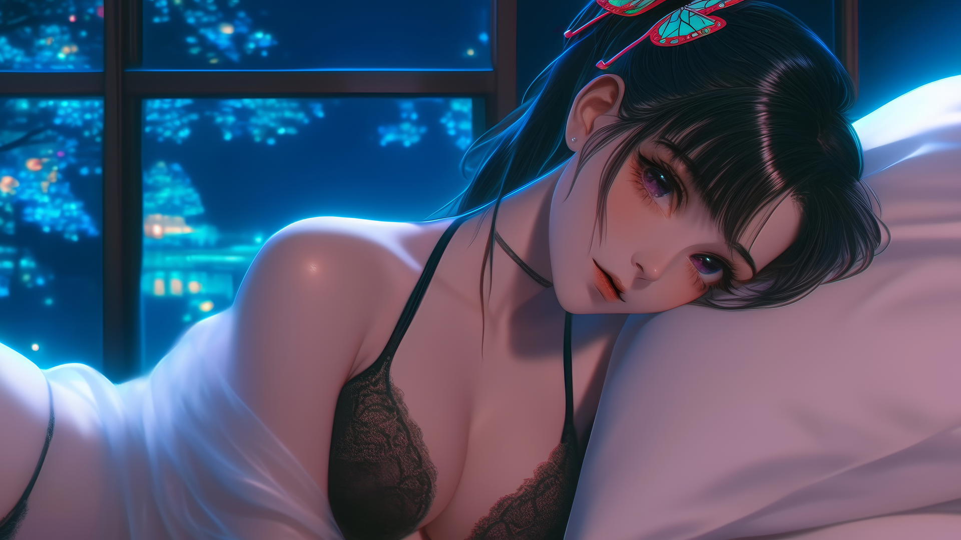 Kanao Tsuyuri from Demon Slayer, resting in a modern hotel room with warm light.