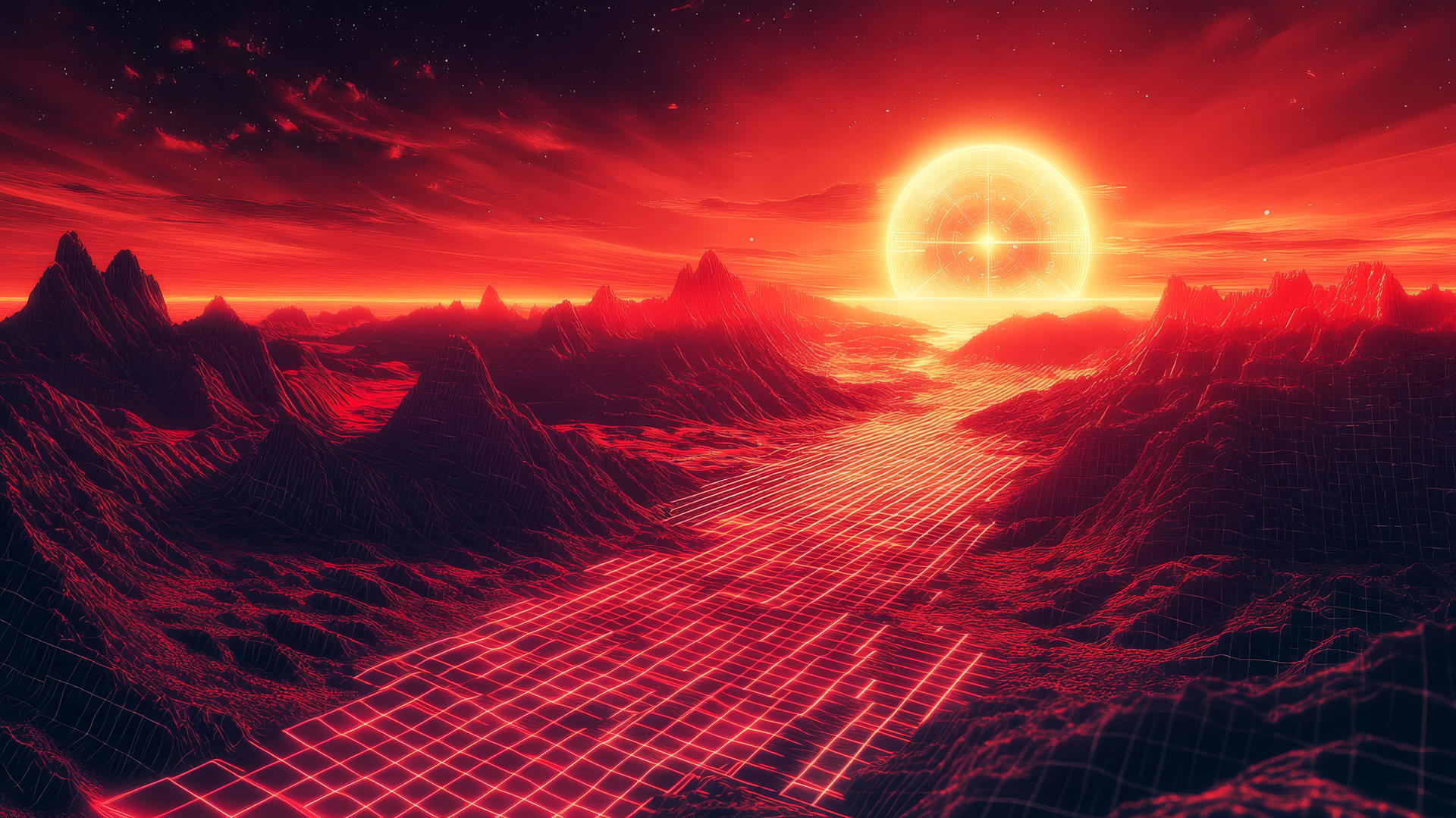 cyber Y2K wallpaper red digital landscape with glowing grid and neon holographic mountains