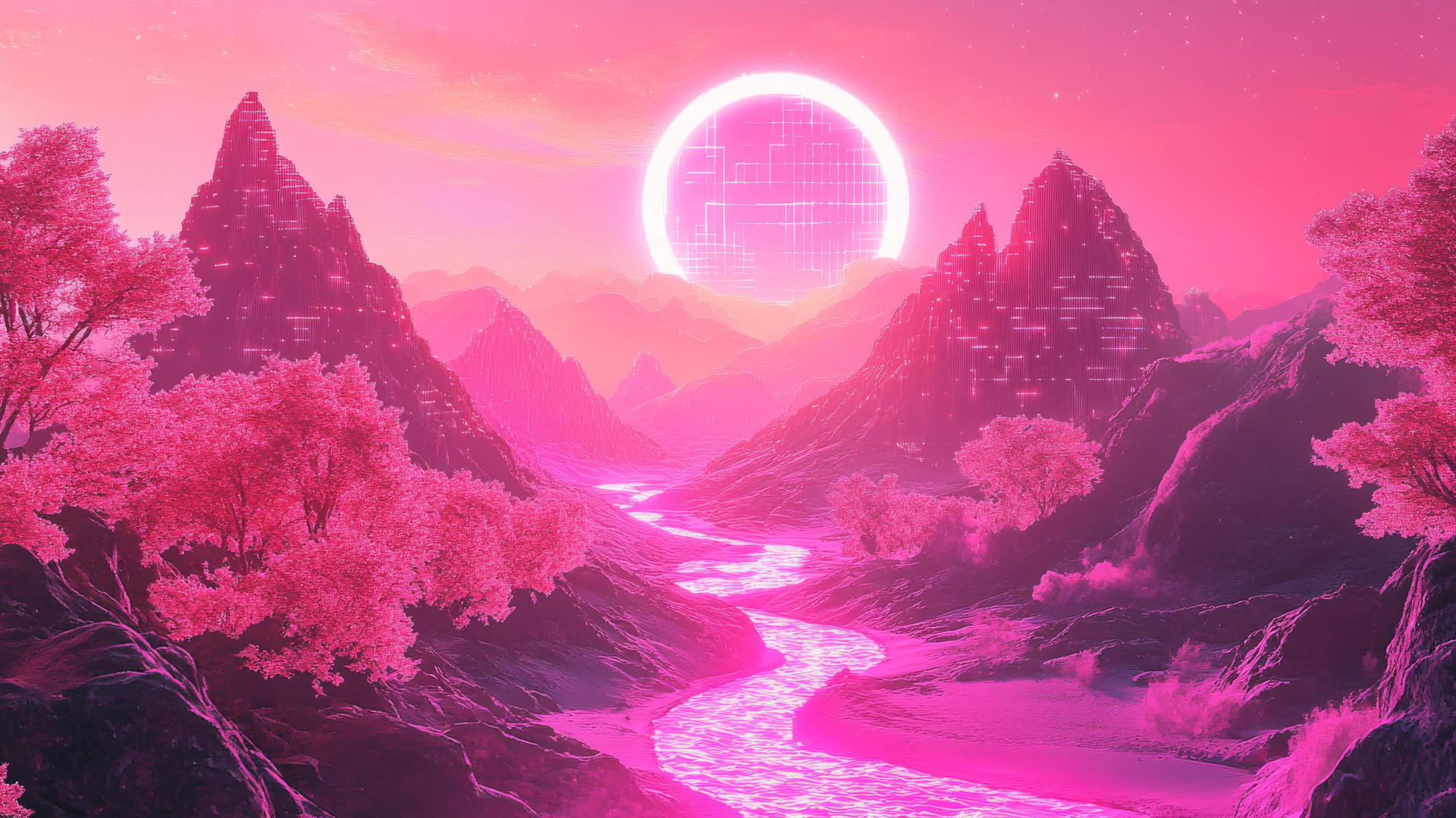 pink y2k wallpaper with holographic mountains, neon trees, and pixelated river