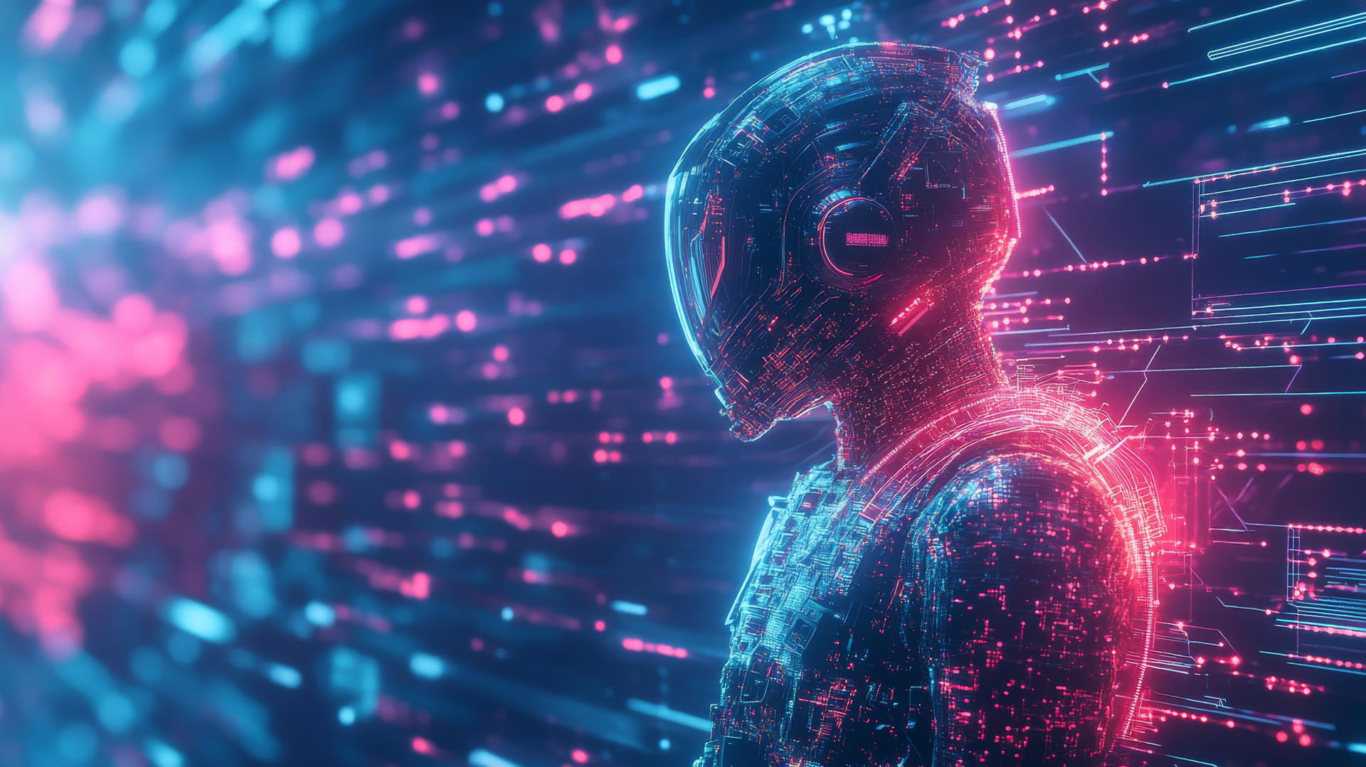 cyber y2k wallpaper with a digital warrior in neon battle suit, glowing circuits