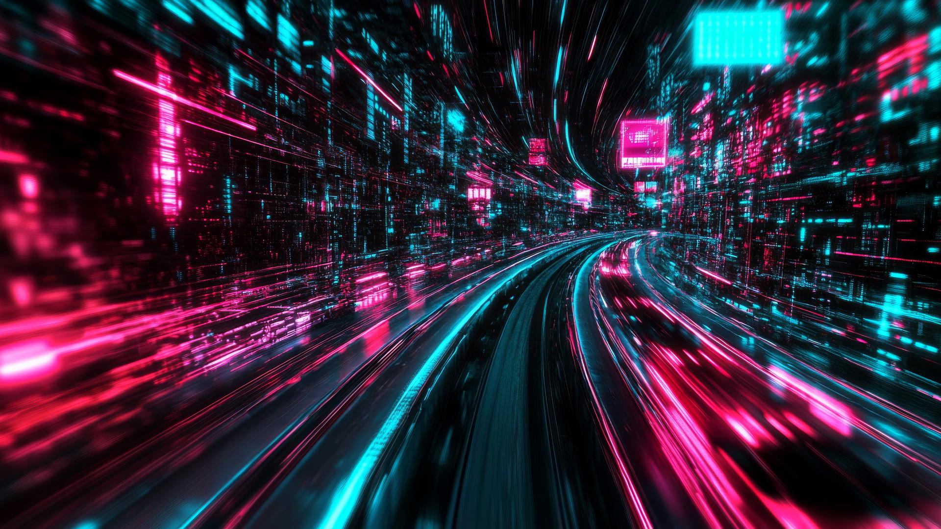 Cyber Y2K wallpaper with neon light trails, pixelated cars, holographic billboards, glitch effects