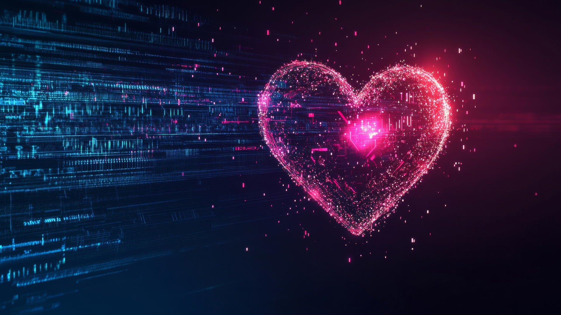 Wallpaper Y2K with a glowing digital heart, binary code, and neon sparkles