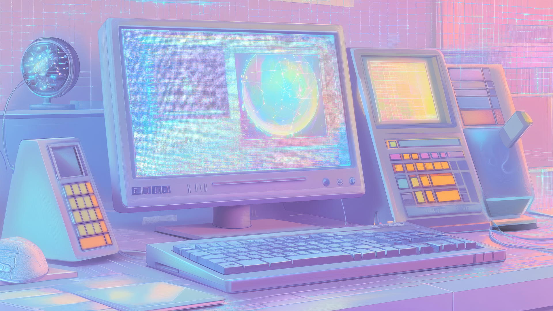 Y2K wallpaper with retro computer desktop, digital art, holographic shapes, and pastel colors.