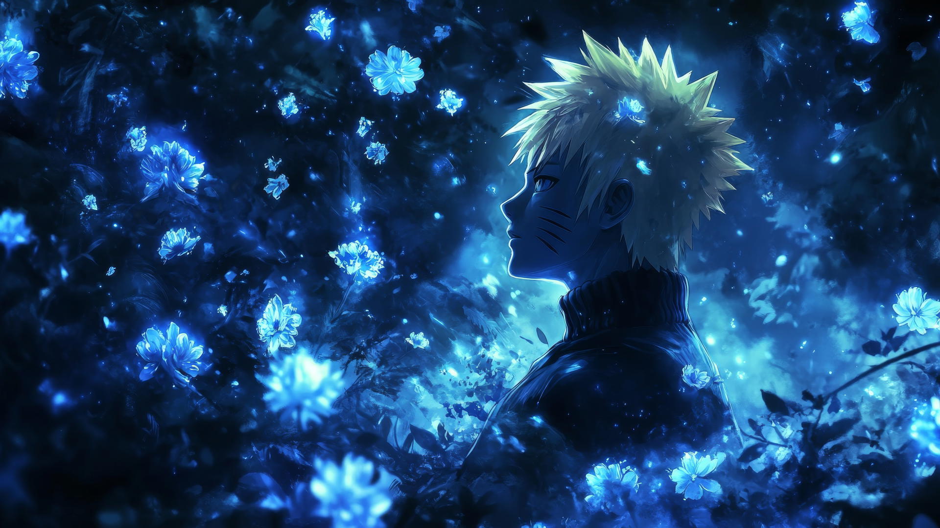 wallpaper naruto 4k featuring Naruto Uzumaki in a mystical forest with glowing blue flowers