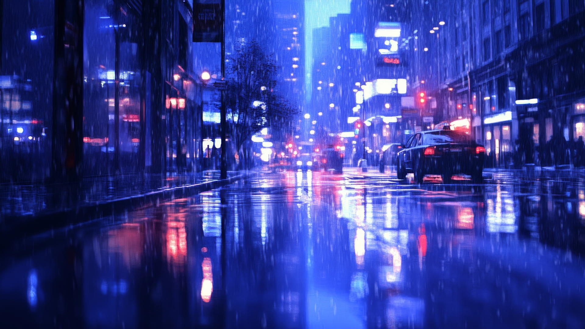wallpaper blue rainy city street with light reflections