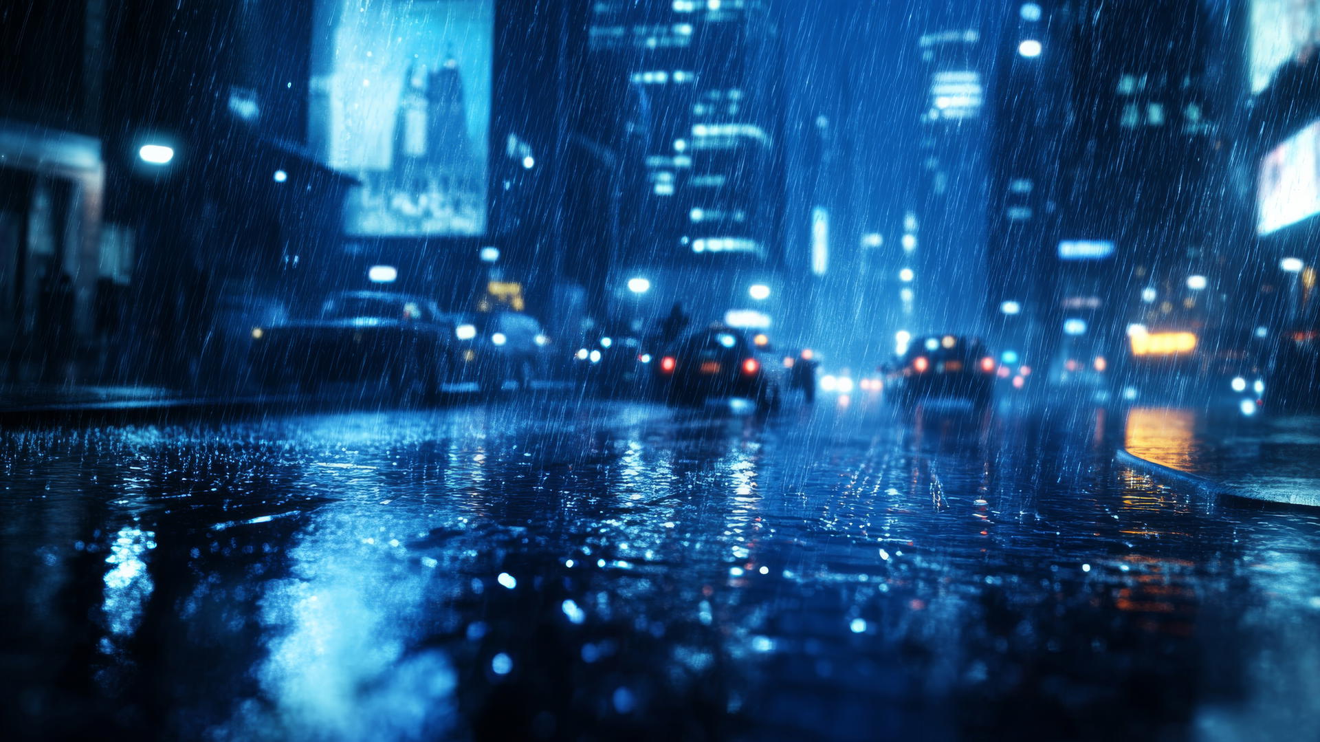wallpaper blue of rainy city street in blue tones with light reflections