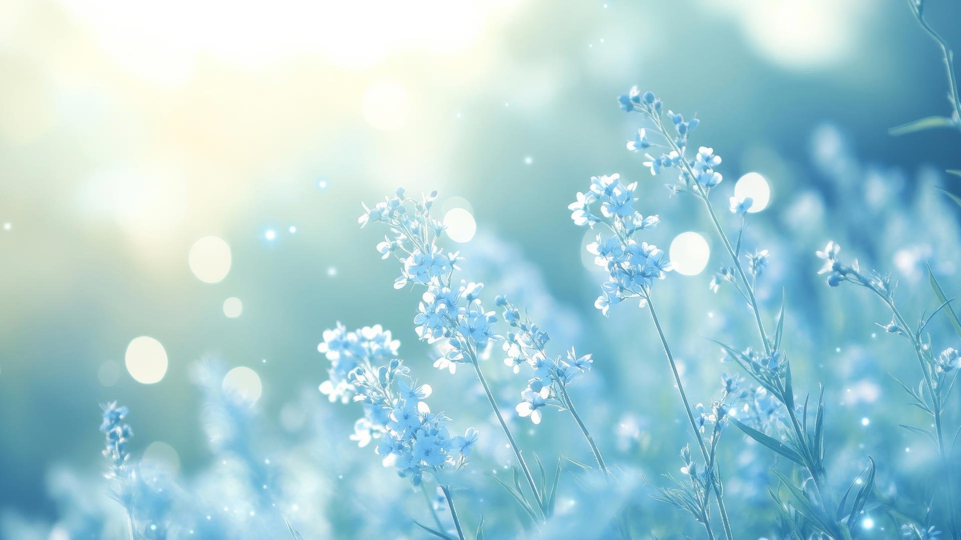 blue floral wallpaper with ethereal wildflowers and light blue sky