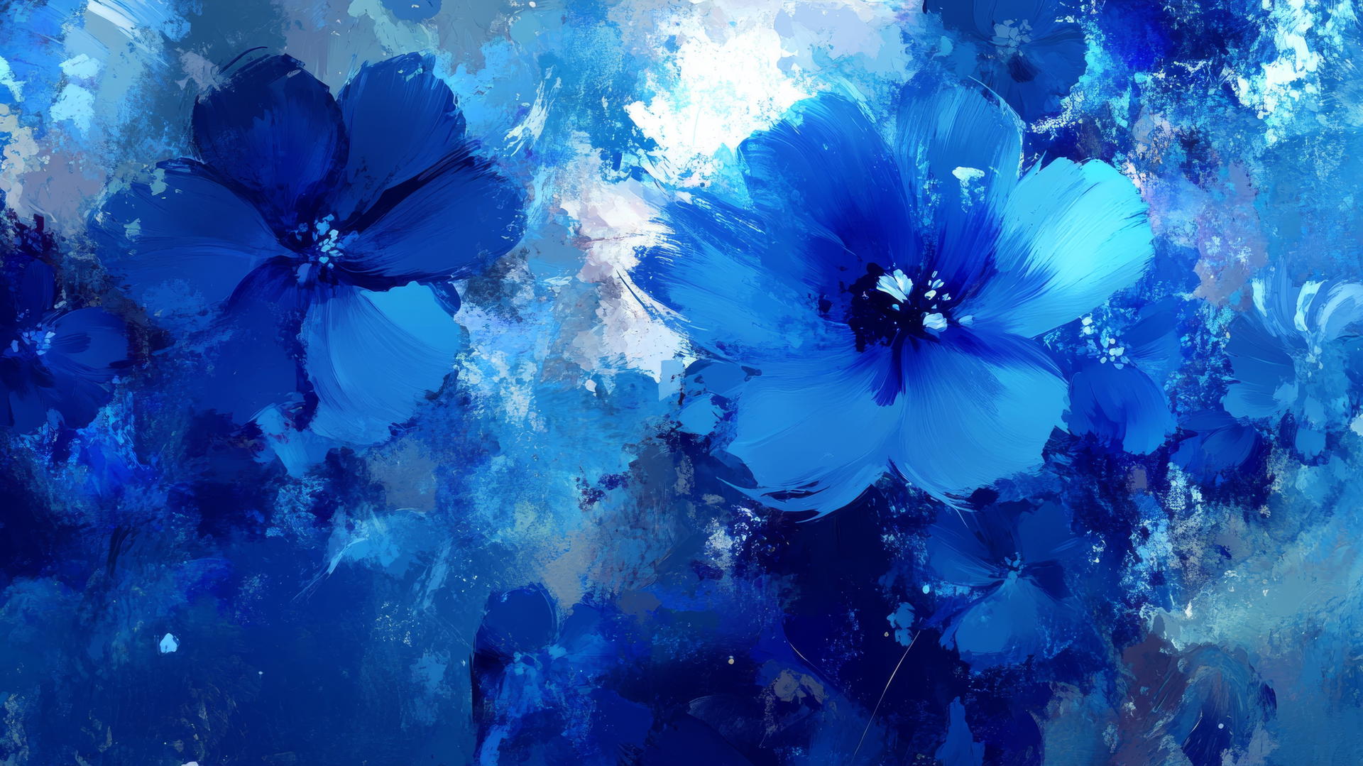 blue floral wallpaper with bold brushstrokes and splashes of color
