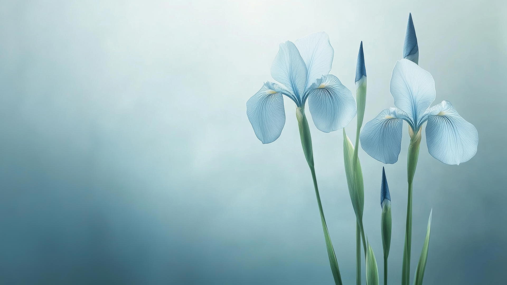 Elegant blue iris flowers against a soft blue background