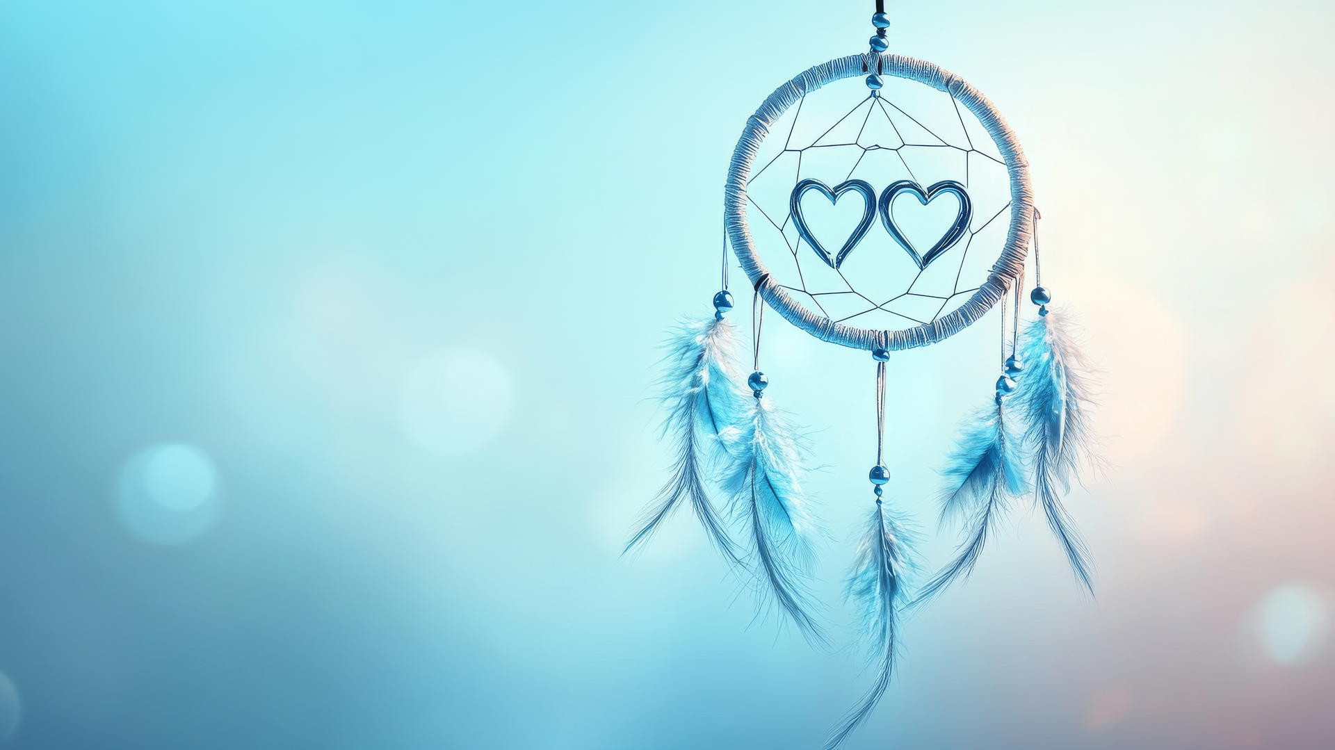Blue heart dreamcatcher with feathers on gradient blue sky