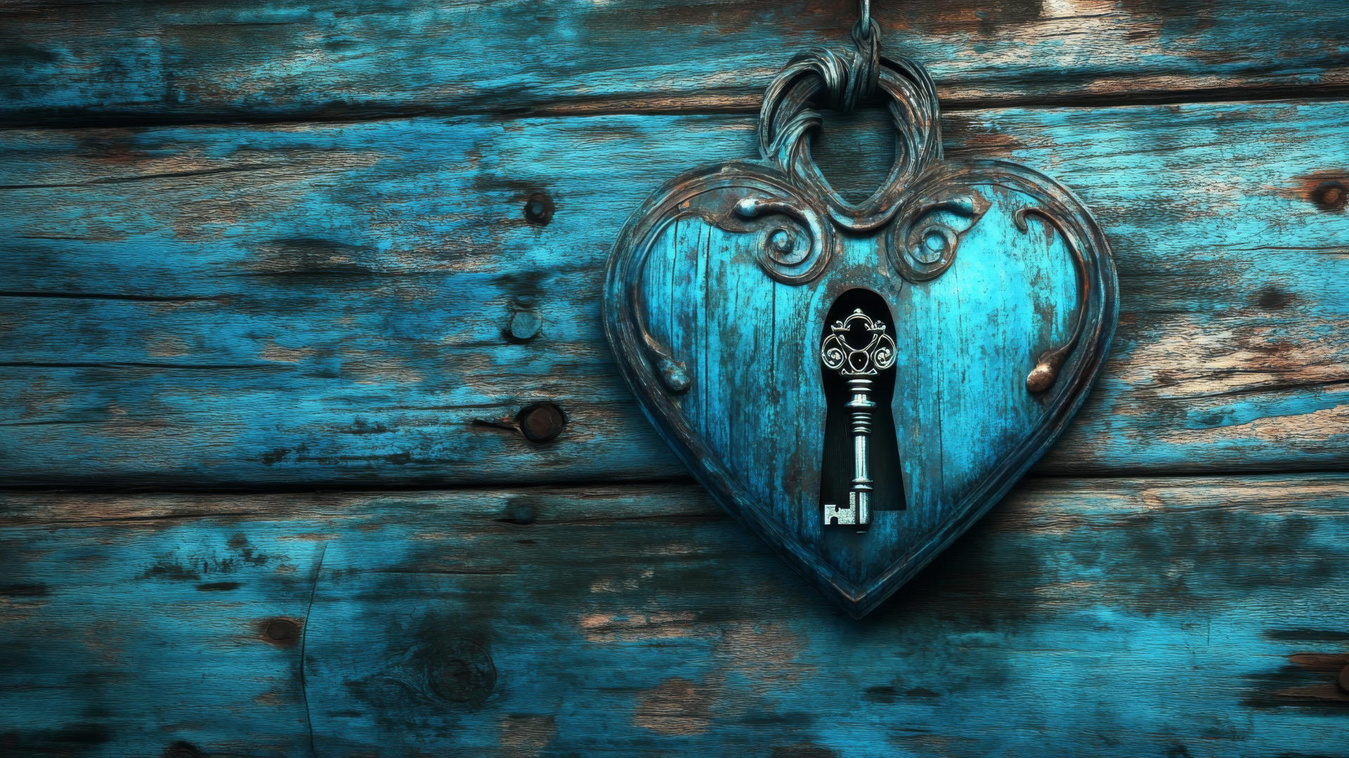 blue heart wallpaper with vintage lock and ornate key on rustic wood