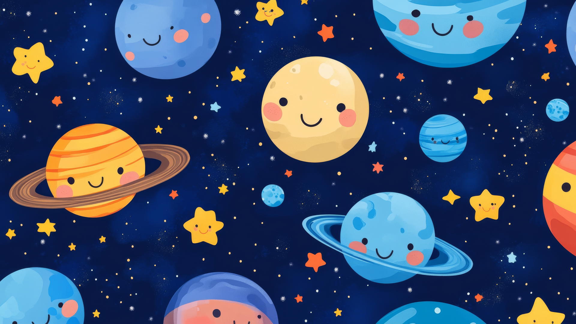 cute blue wallpaper with smiling cartoon planets and stars against a deep blue cosmic background