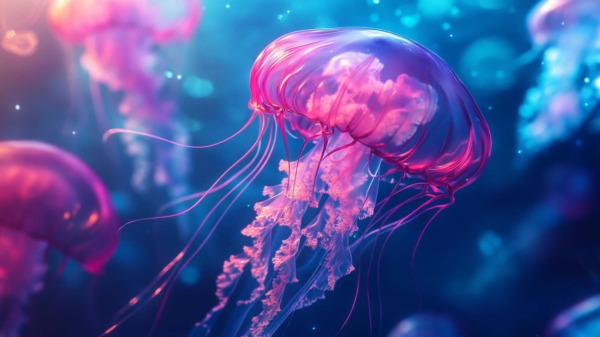 ethereal pink and blue jellyfish with glowing tendrils in a deep blue ocean