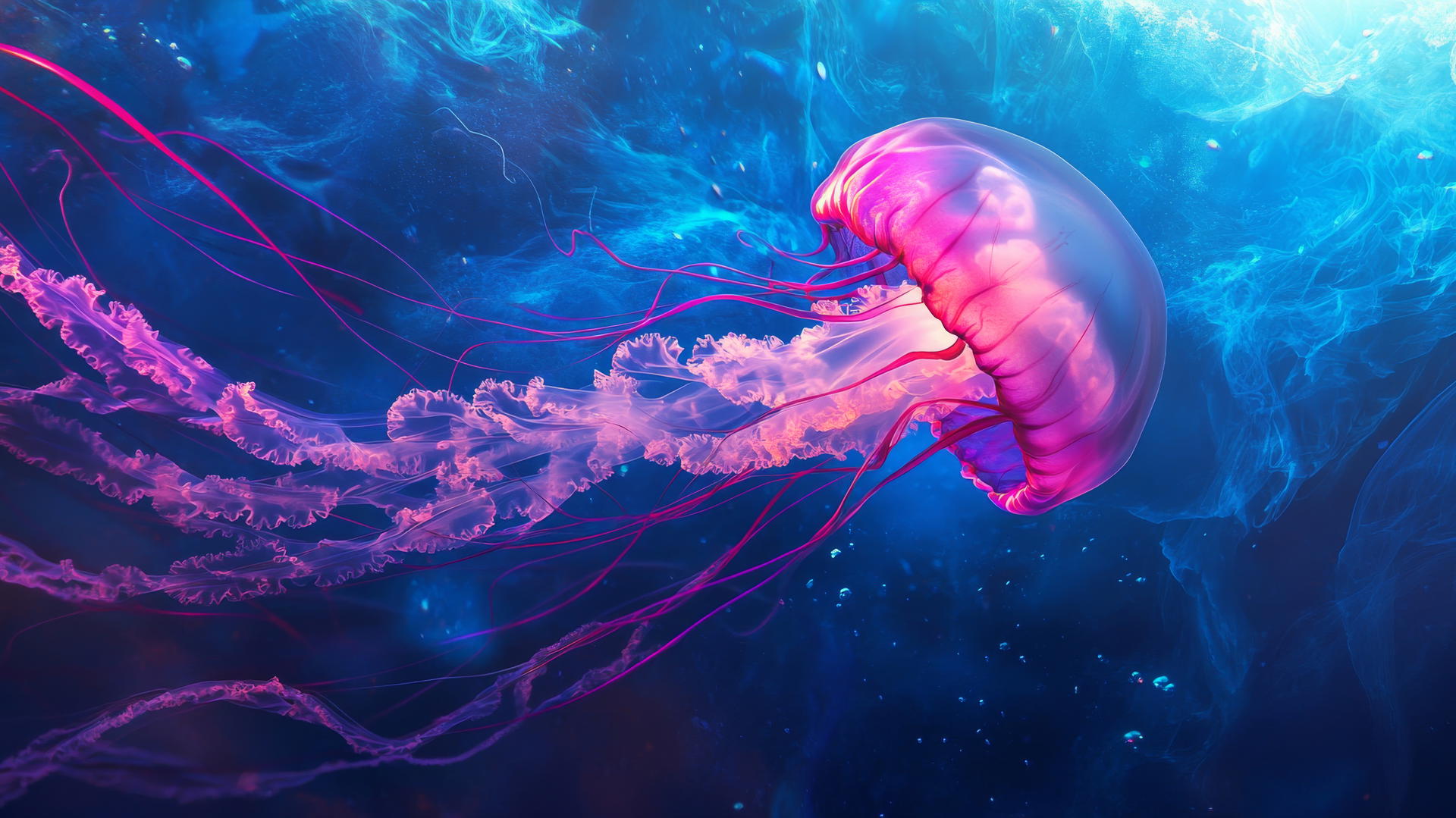 pink and blue wallpaper with ethereal jellyfish and glowing tendrils