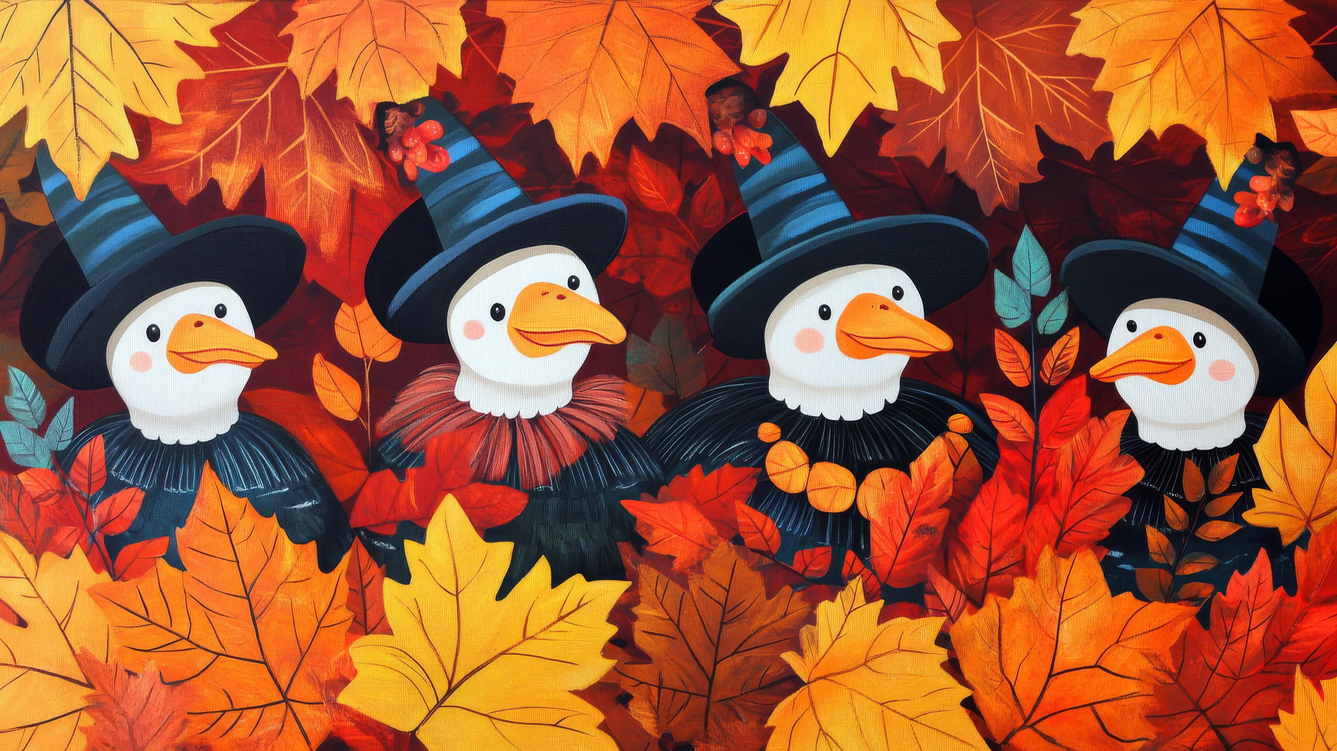 Thanksgiving wallpaper with cute cartoon turkeys in pilgrim hats amidst autumn leaves