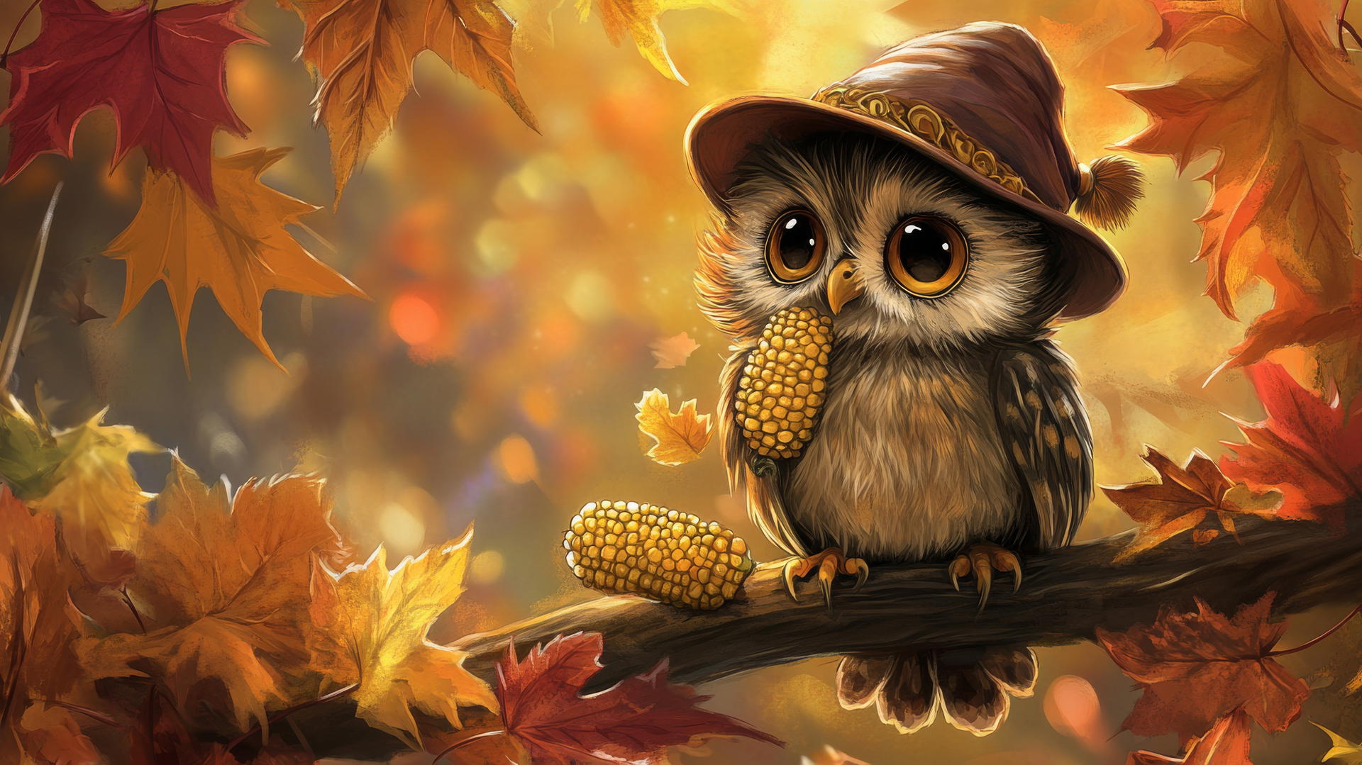 Wallpaper cute thanksgiving backgrounds featuring a fluffy baby owl with pilgrim hat on a branch.