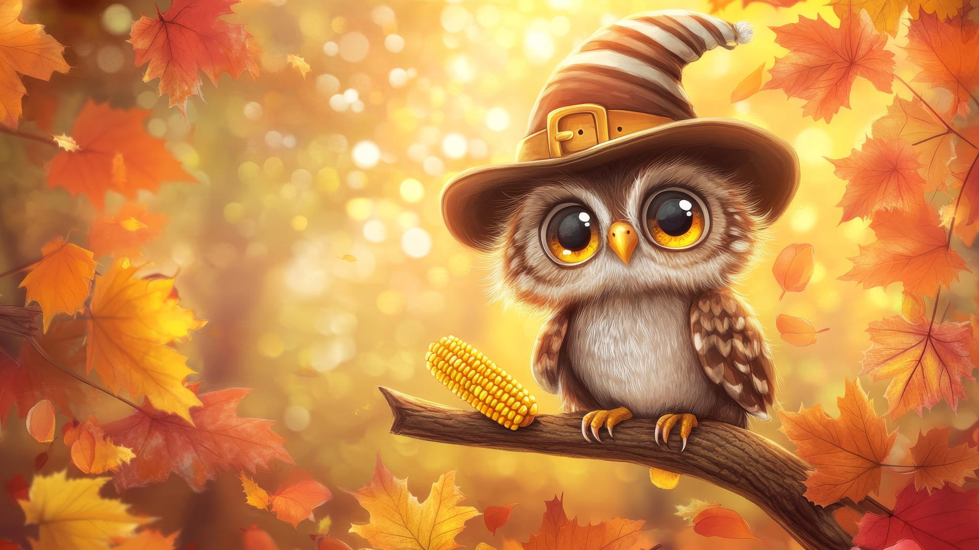 wallpaper cute thanksgiving backgrounds with a fluffy baby owl in a pilgrim hat