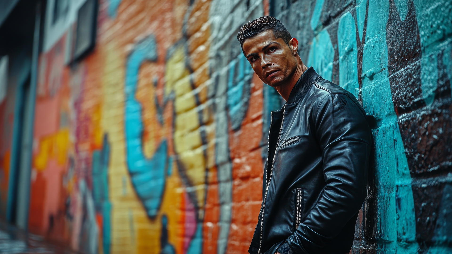 cool Ronaldo wallpaper: Cristiano Ronaldo in a stylish black leather jacket against graffiti-covered wall
