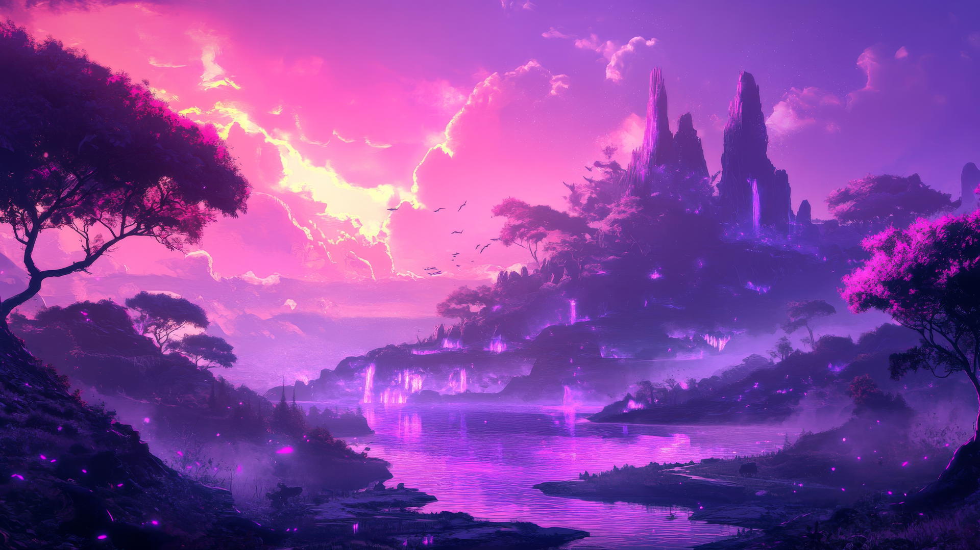purple wallpaper 4k with vibrant fantasy landscape, glowing purple forests, mystical creatures, and floating islands