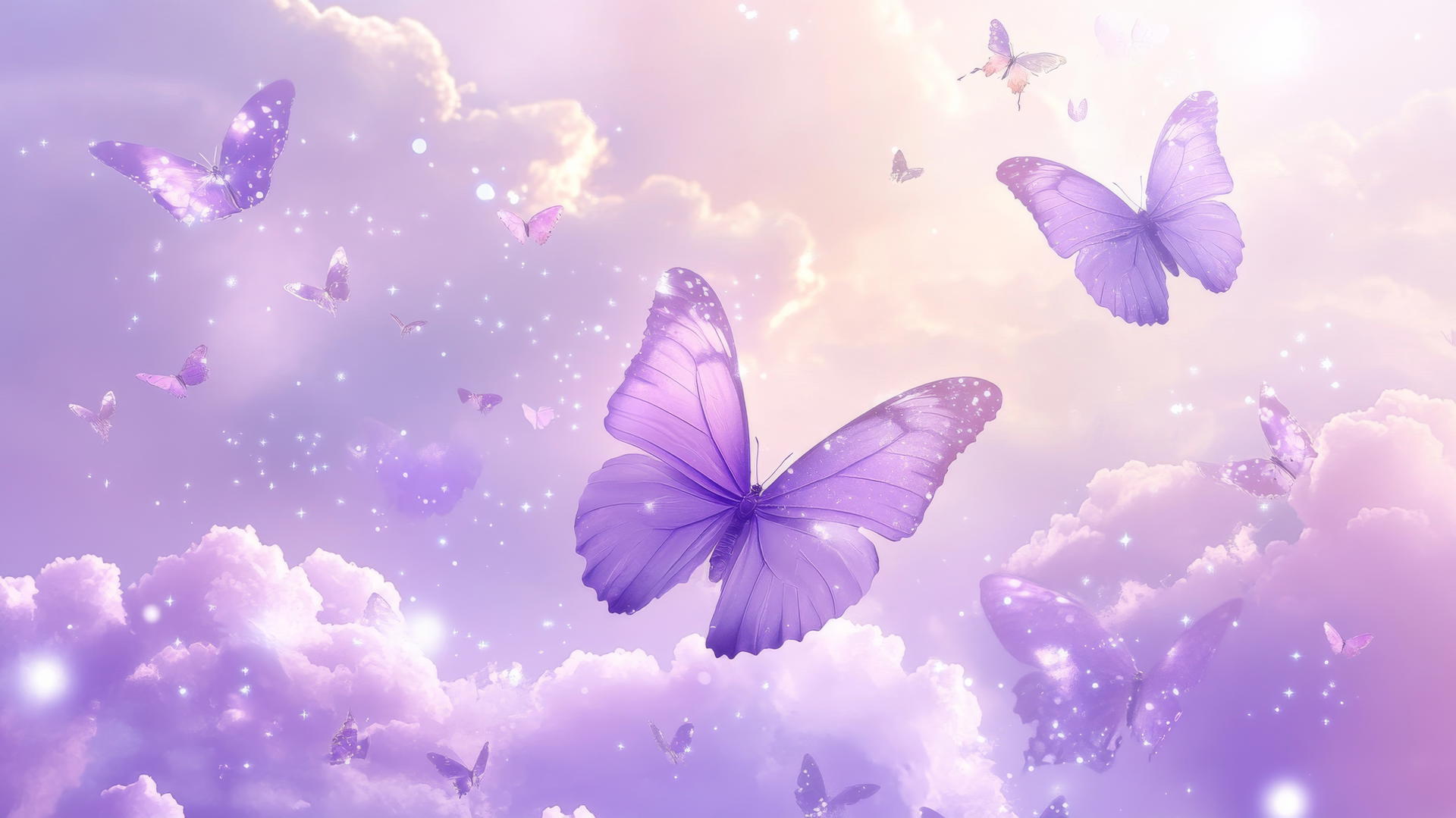 Whimsical aesthetic purple wallpaper with butterflies and pastel clouds