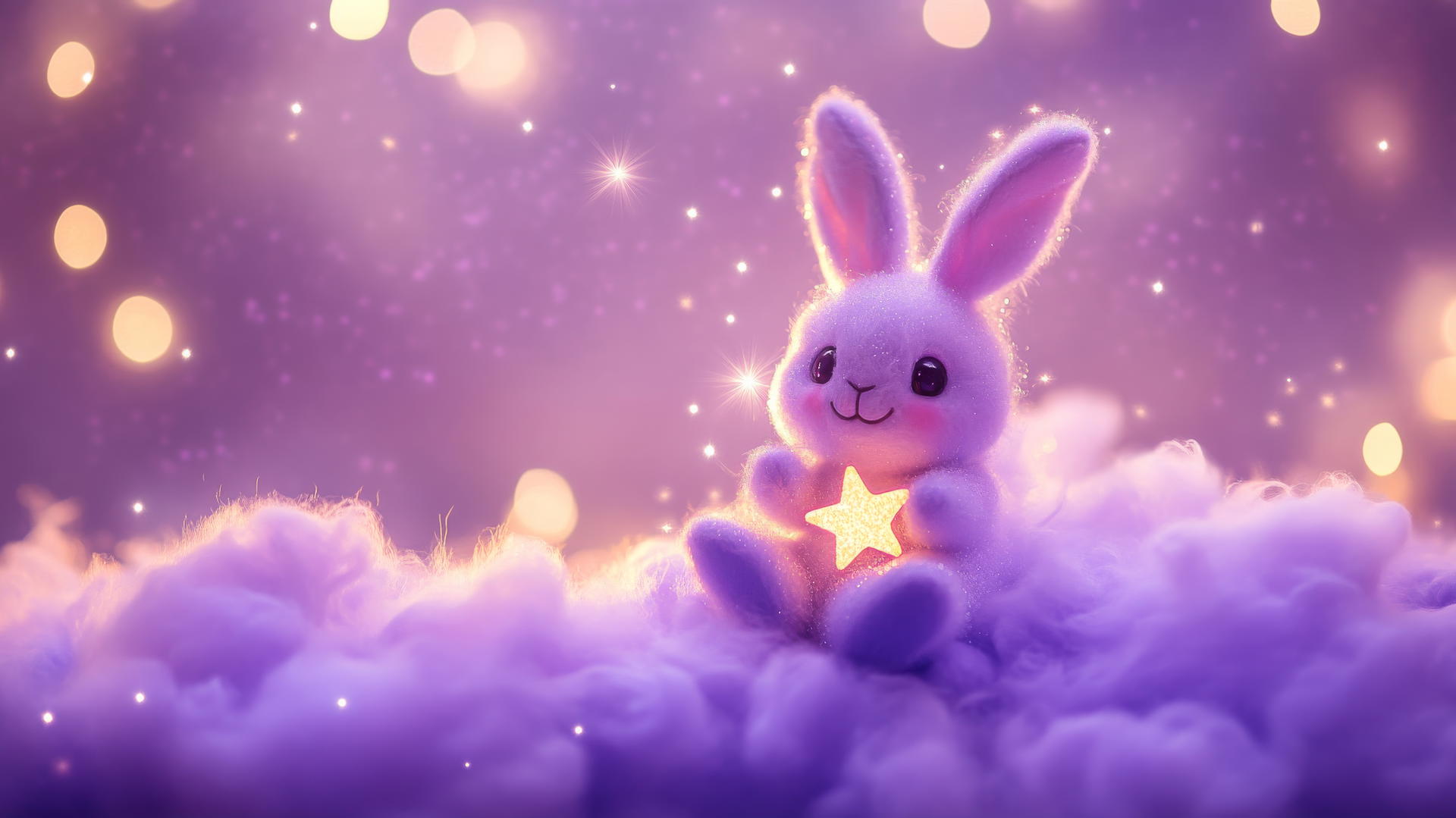 cute purple wallpaper with a kawaii bunny holding a tiny star on a fluffy lavender cloud, soft sparkles and twinkling lights