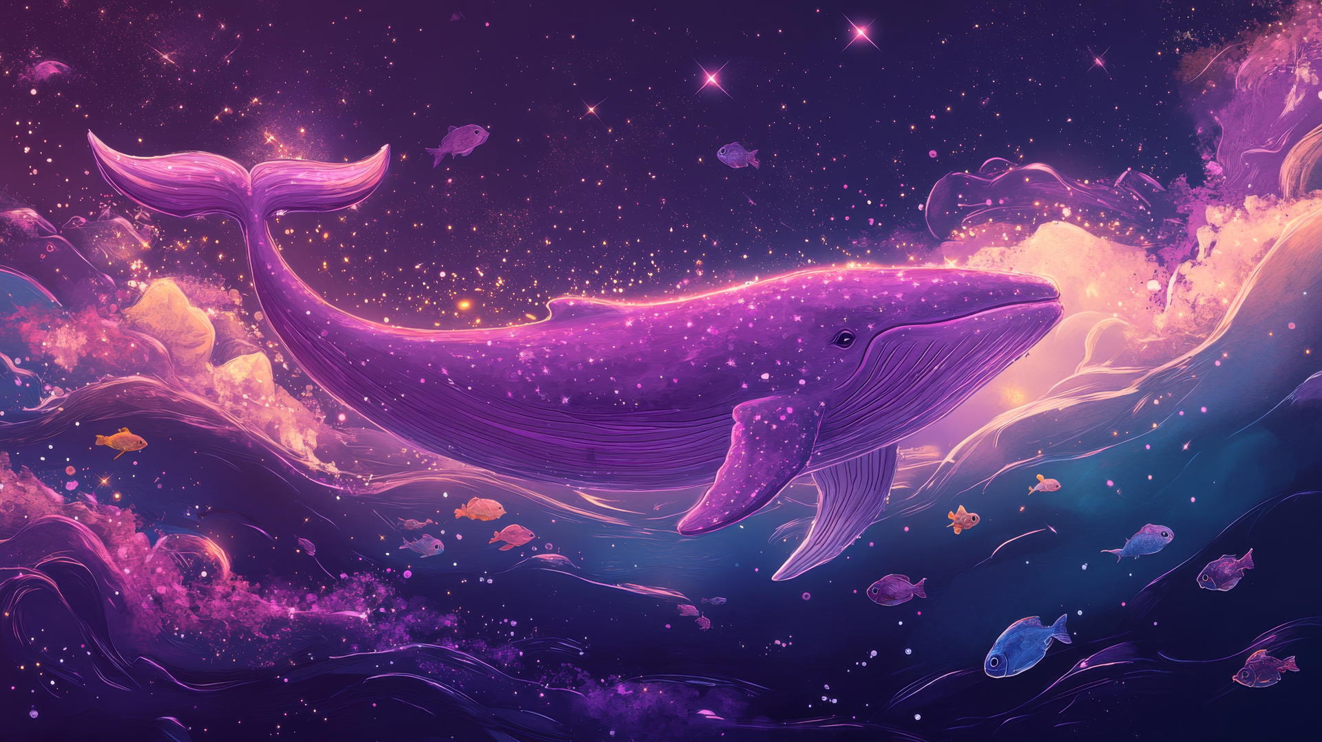 cute purple wallpaper with a whale swimming among pastel stars and waves, accompanied by tiny fish