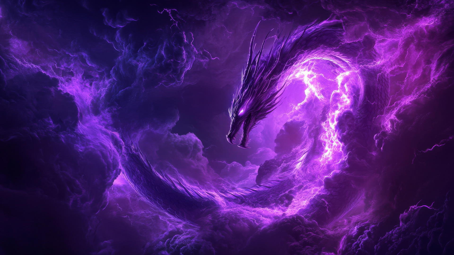neon purple aesthetic wallpaper featuring a neon-lit dragon in a night sky with swirling energy