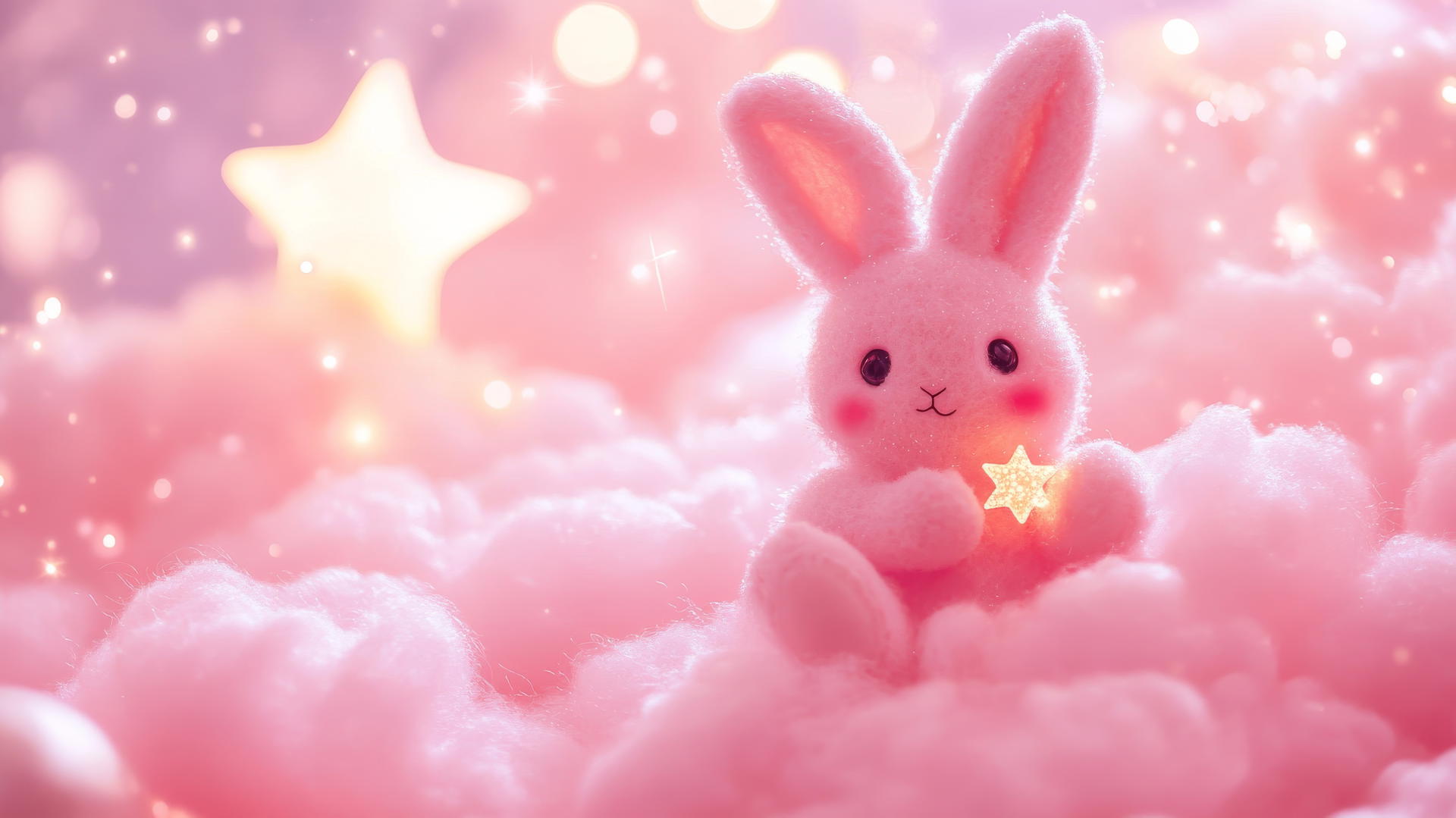 cute pink wallpaper with a kawaii bunny holding a tiny star on a fluffy pink cloud
