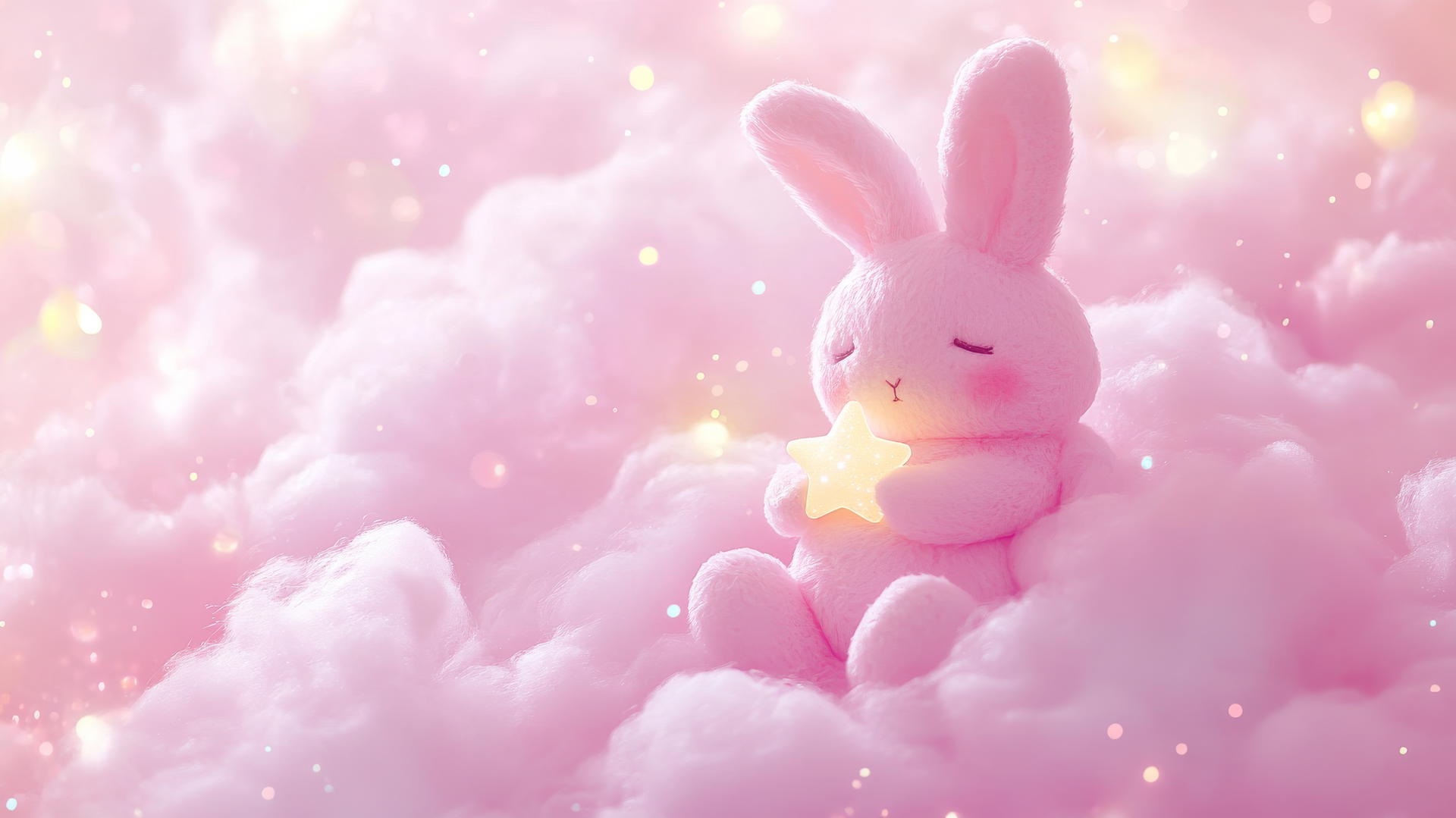 cute pink wallpaper with kawaii bunny holding tiny star on fluffy cloud