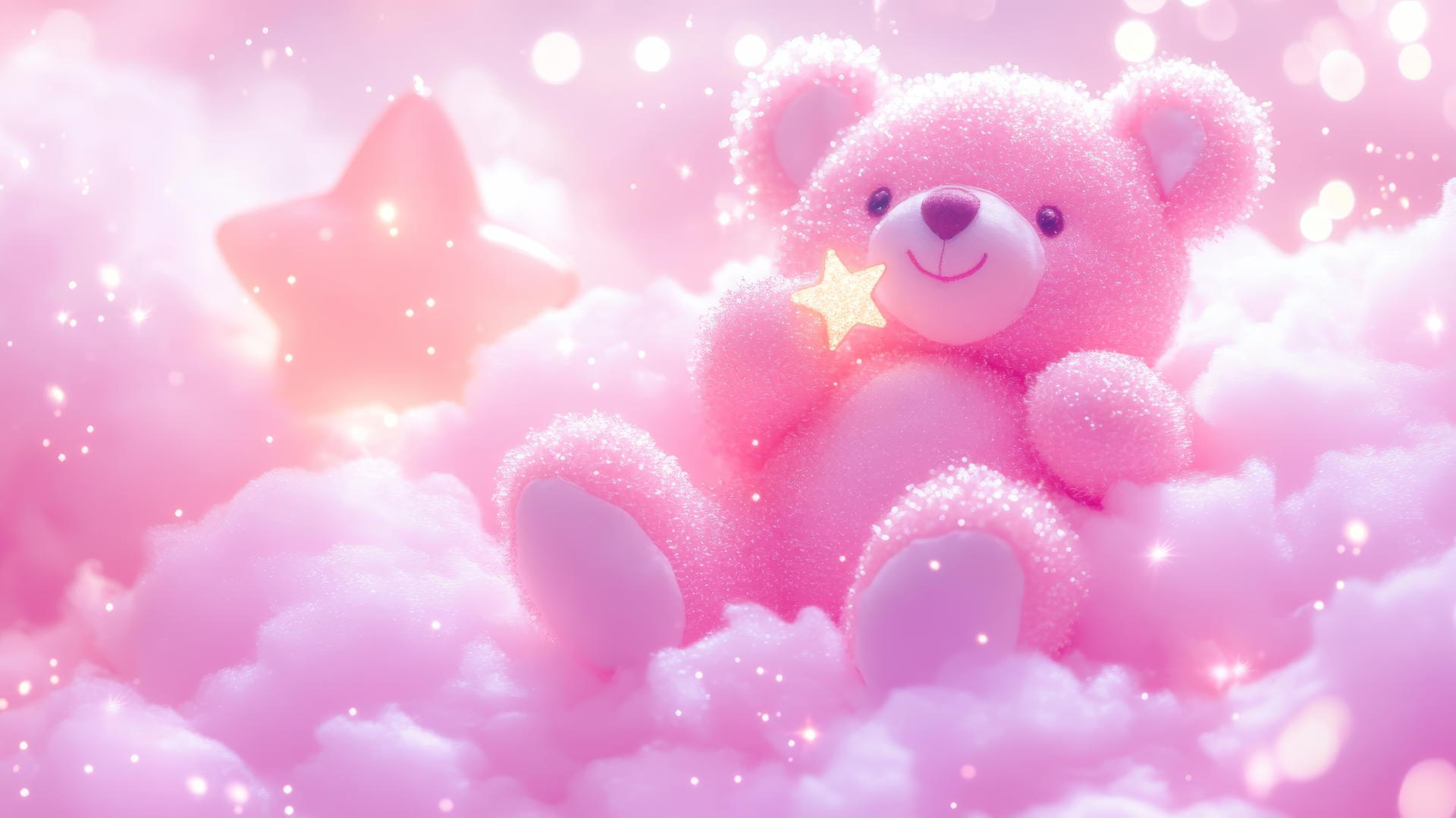 cute pink wallpaper with kawaii pink bear holding a star on a fluffy pink cloud