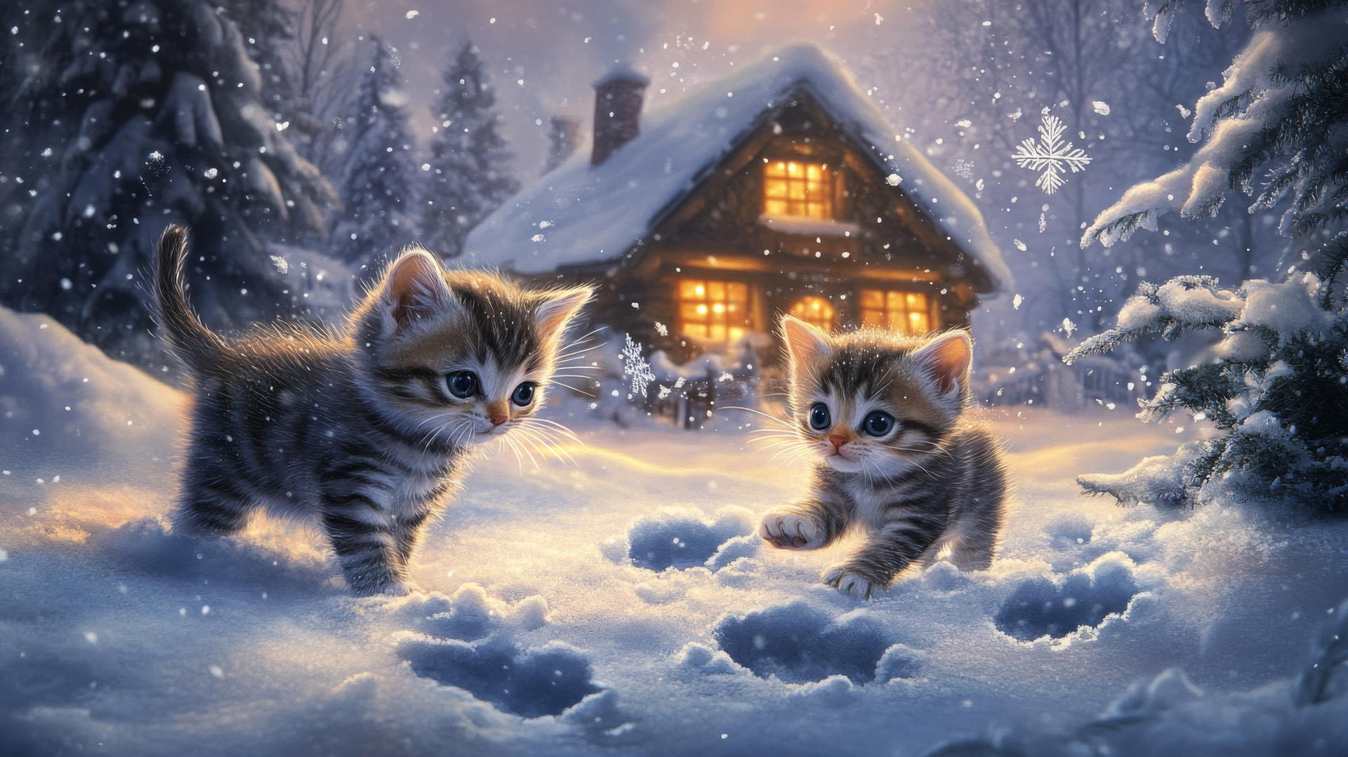 Cute winter wallpaper with kittens playing in the snow near a cozy cabin.
