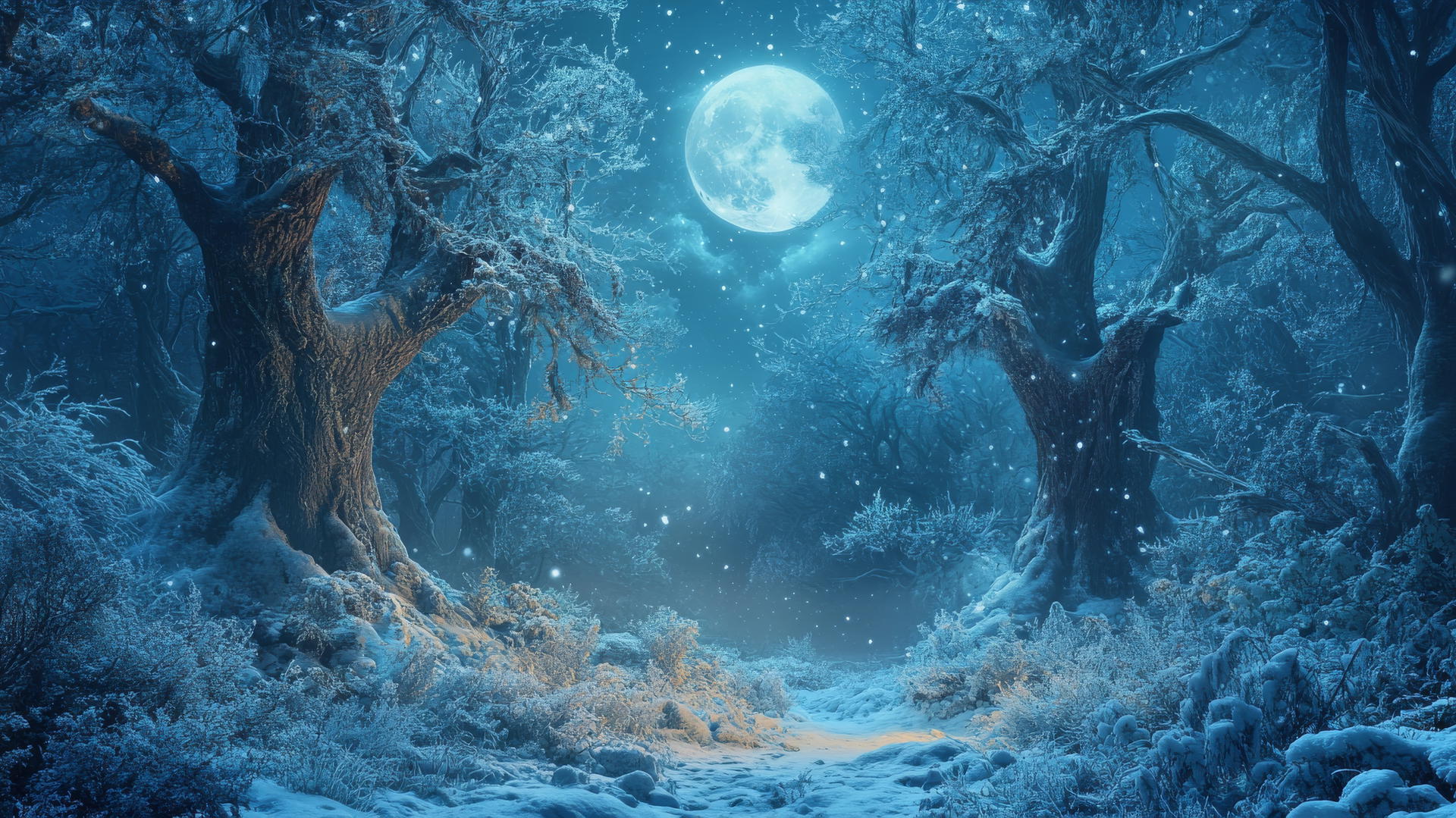 winter background wallpaper with a mystical forest of ancient frosted trees under a glowing ethereal moon