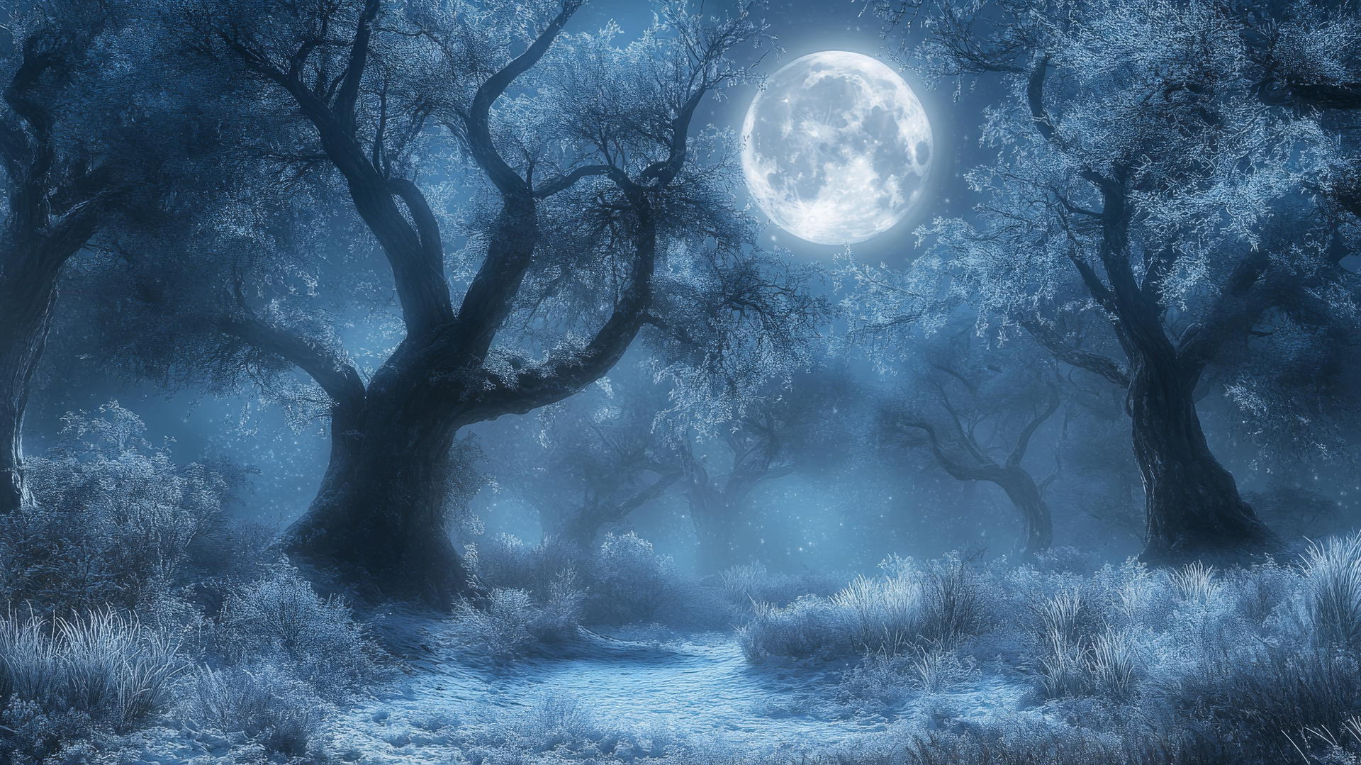 winter background wallpaper with a mystical forest, frost-covered ancient trees, and an ethereal full moon