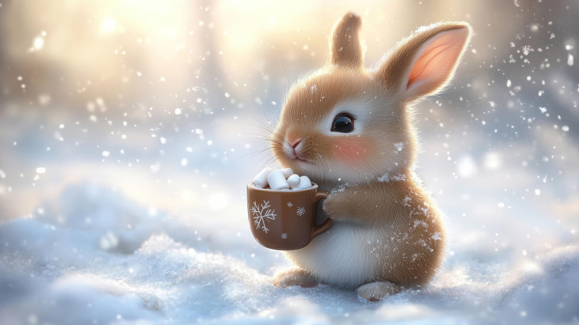 cute bunny wallpaper with a chubby little bunny holding a tiny mug of hot cocoa in the snow