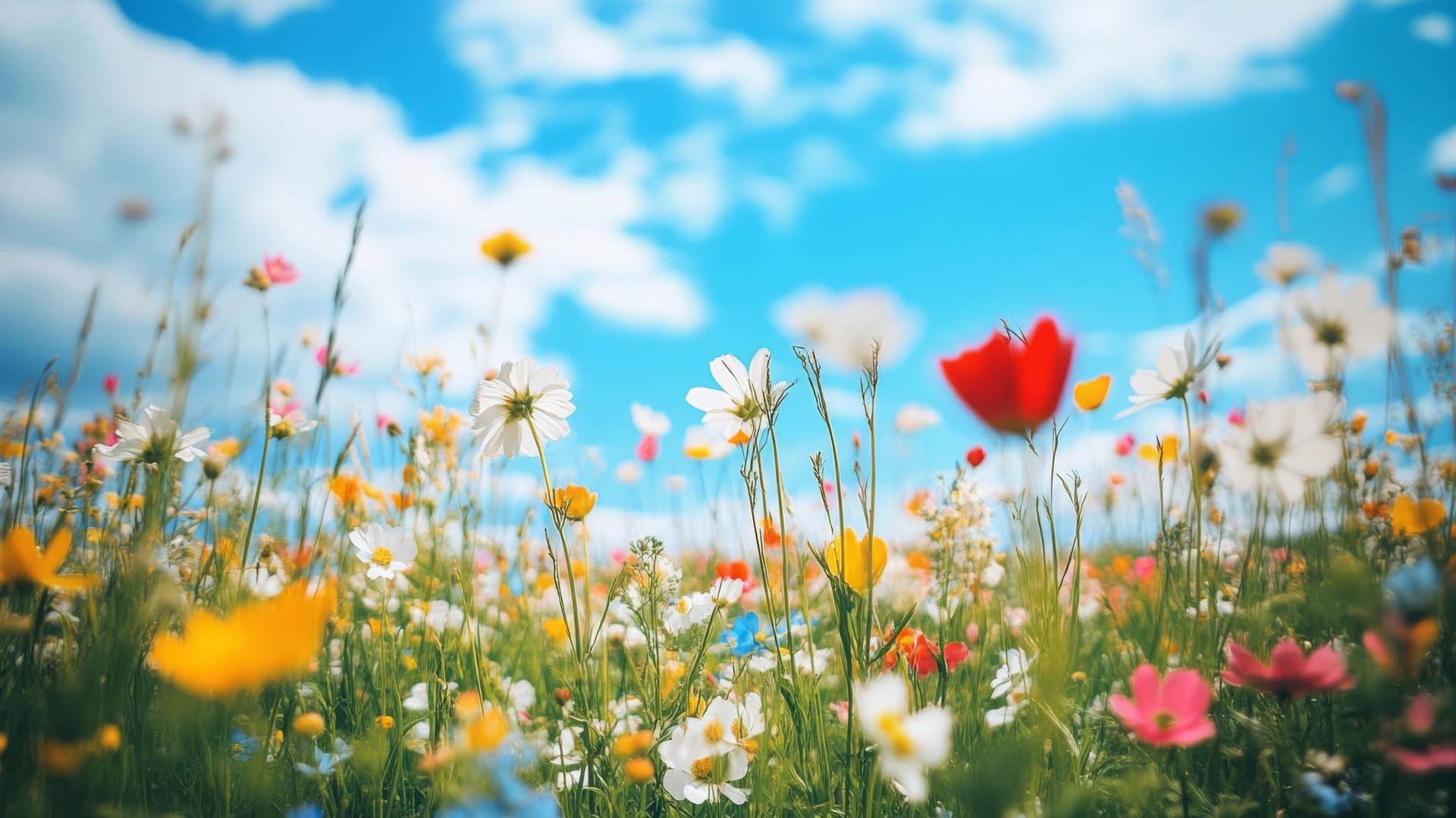 spring aesthetic wallpaper with a meadow of wildflowers under a bright blue sky