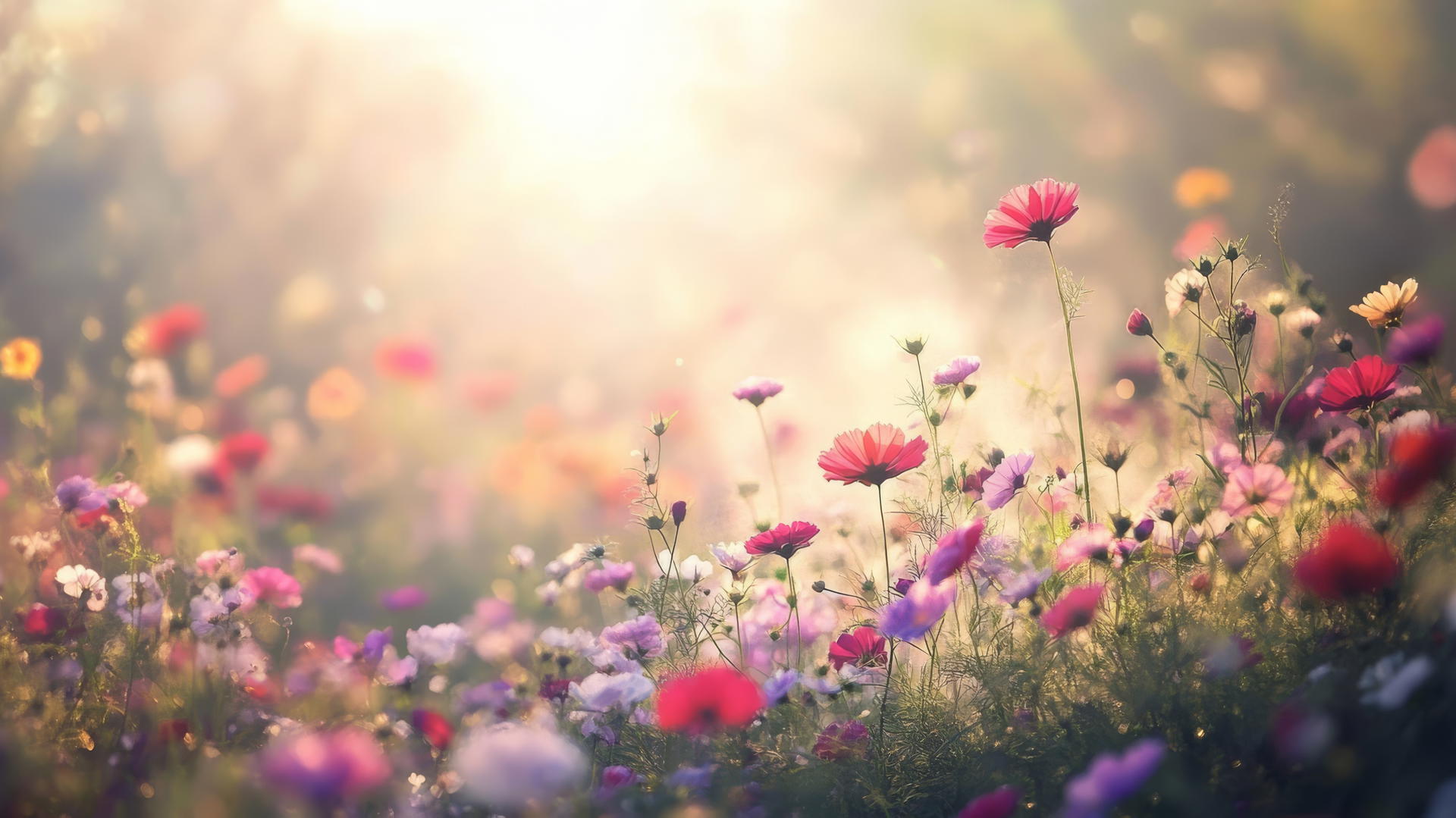 Spring flowers wallpaper featuring a misty meadow with sunlight
