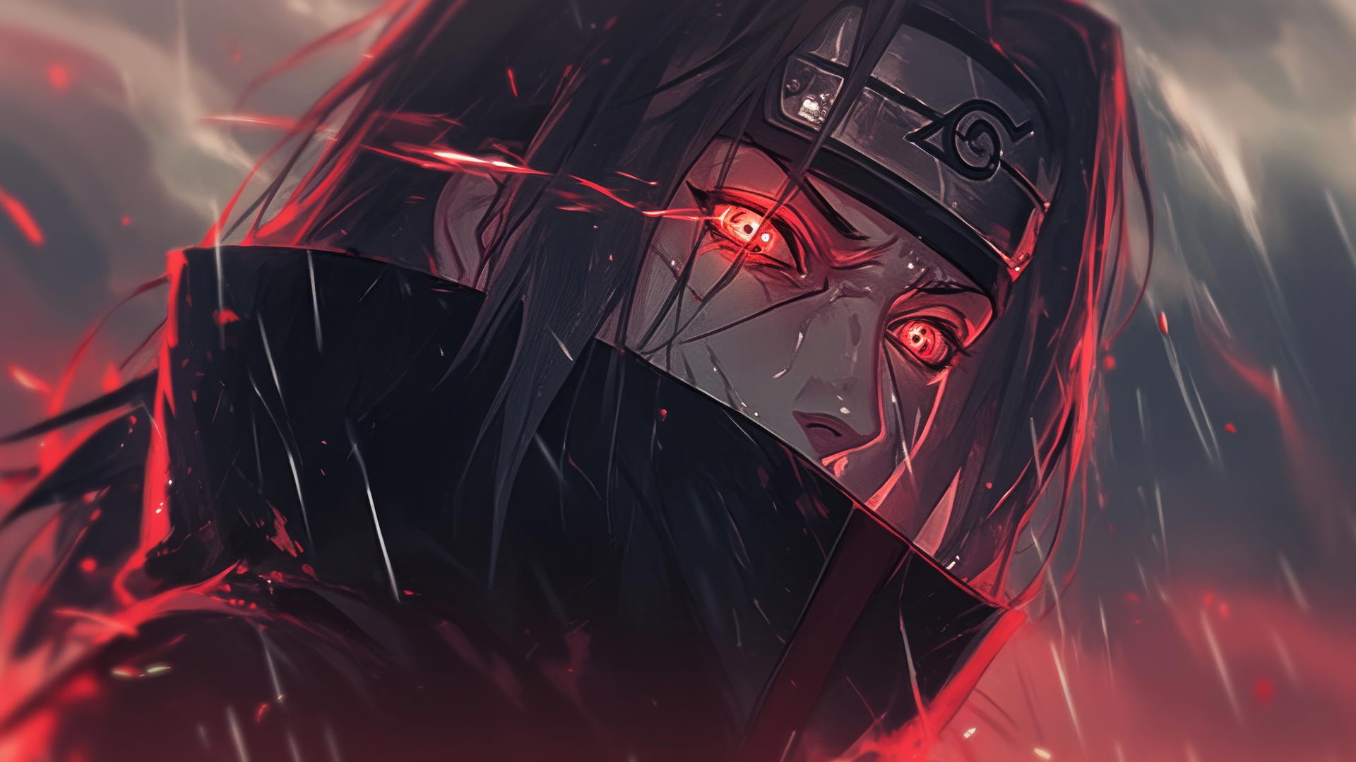 Itachi Uchiha with glowing red eyes under a stormy sky