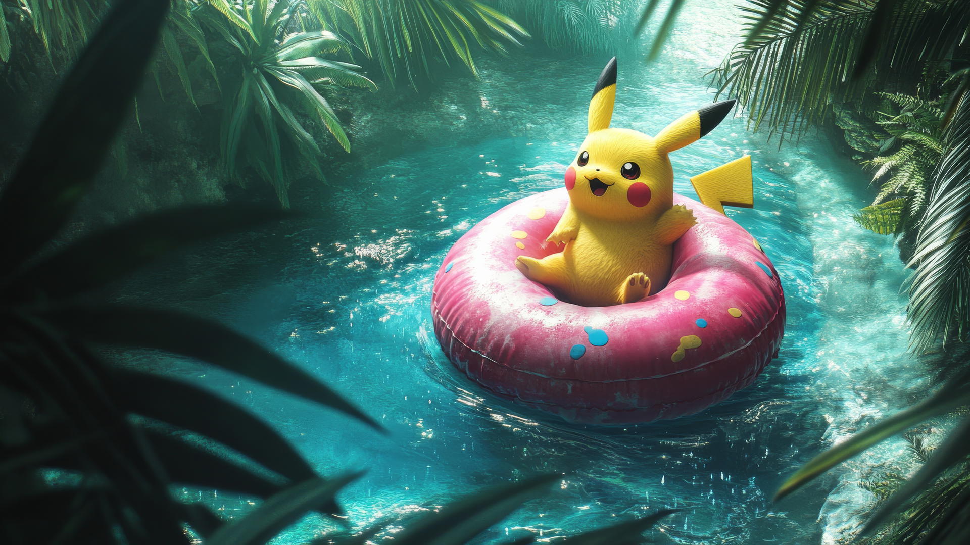 Fat Pikachu floating in a pool with giant inflatable donut, tropical plants