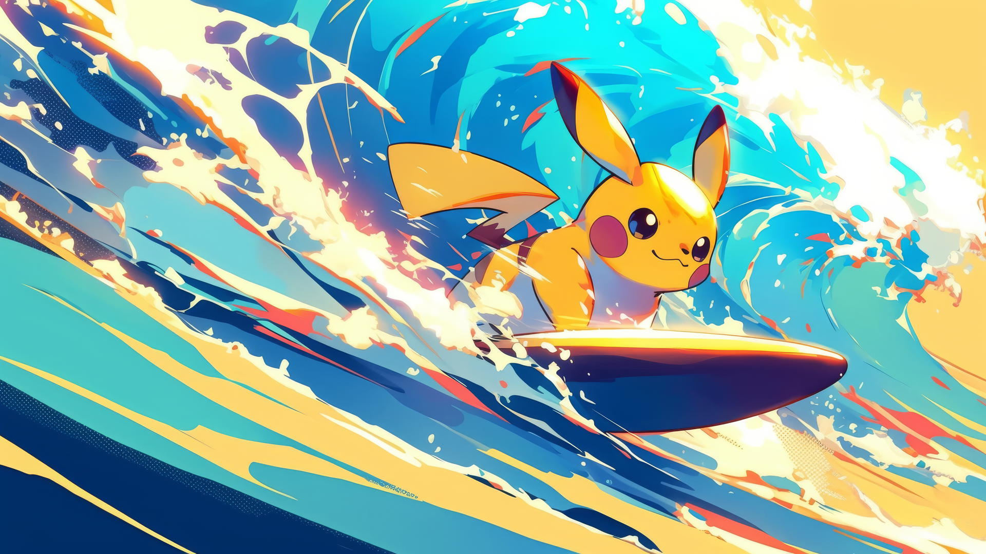 Pikachu surfing a tidal wave of electricity