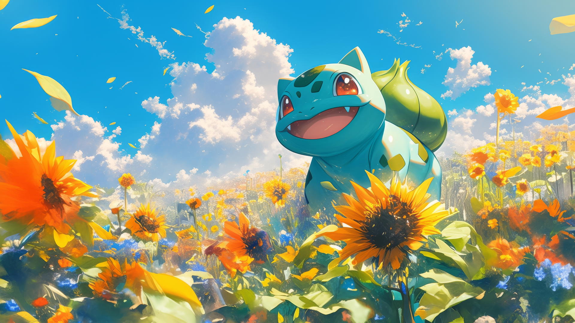 Bulbasaur in a field of tall sunflowers with a bright blue sky
