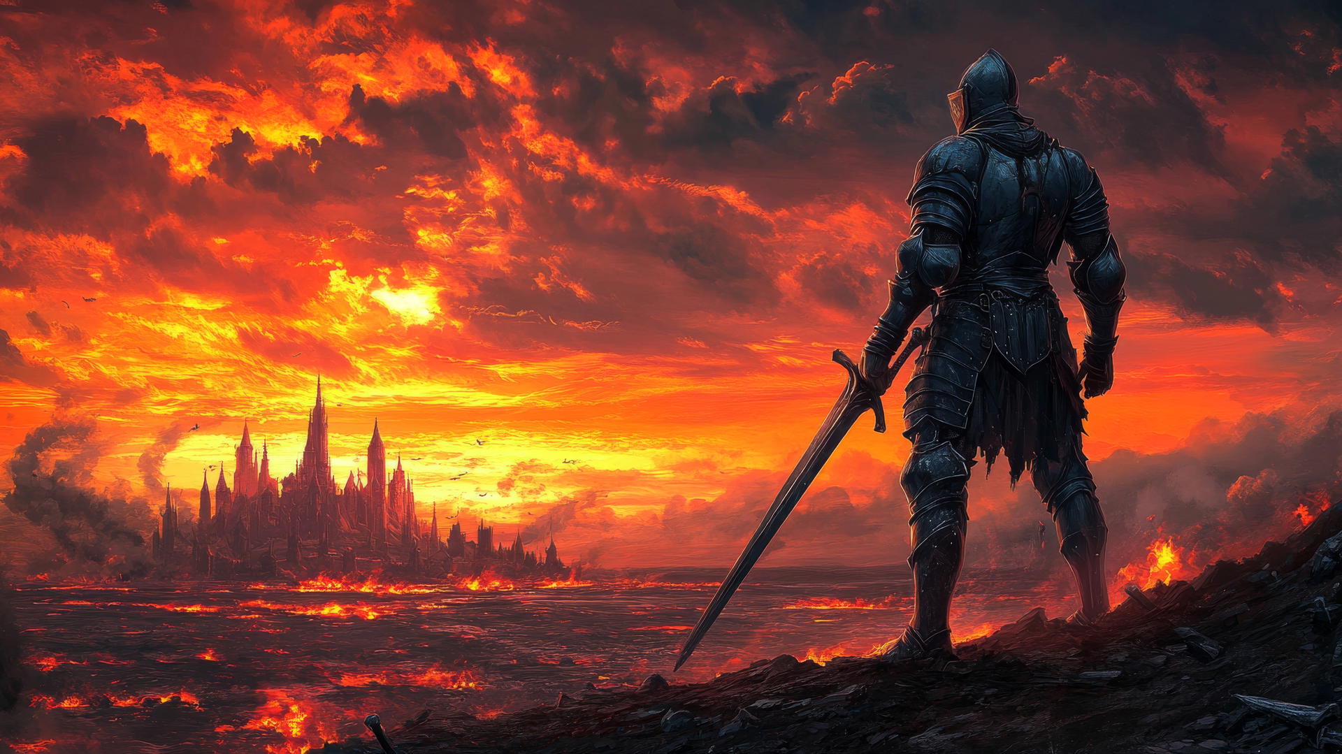 A heroic knight in shining armor stands tall on a battlefield with a fiery sunset and towering castles in the background, cool wallpapers for boys